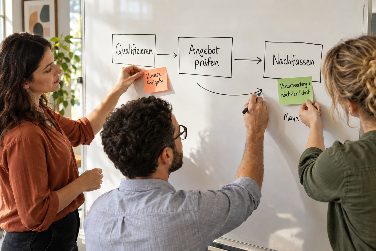 Workshop-Teilnehmende entfernen eine Zusatzfreigabe, zeichnen eine Übergabe und legen Verantwortung und nächsten Schritt fest.
