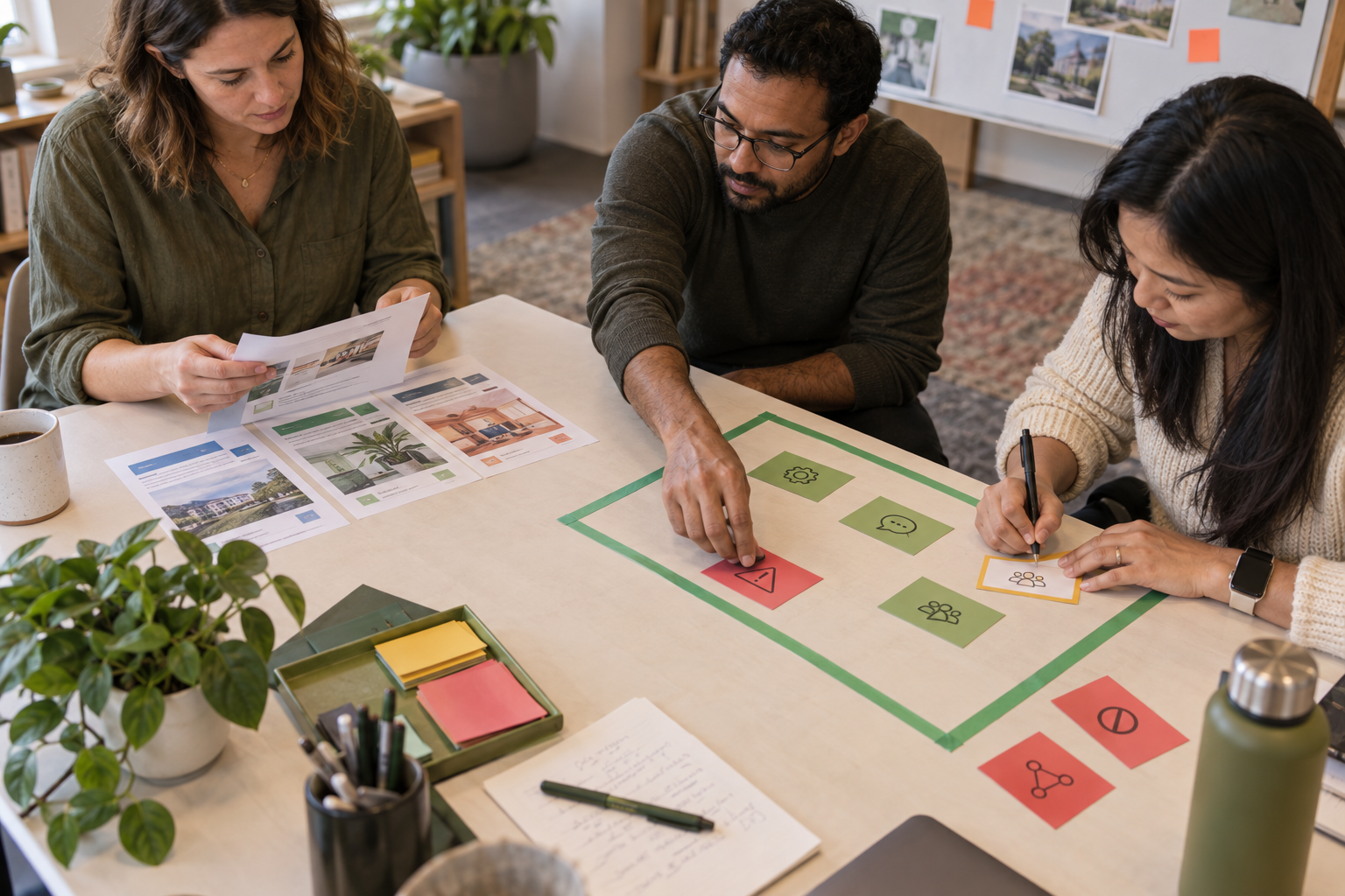 Three workshop participants compare source sheets and arrange exception and handoff cards inside a taped boundary.
