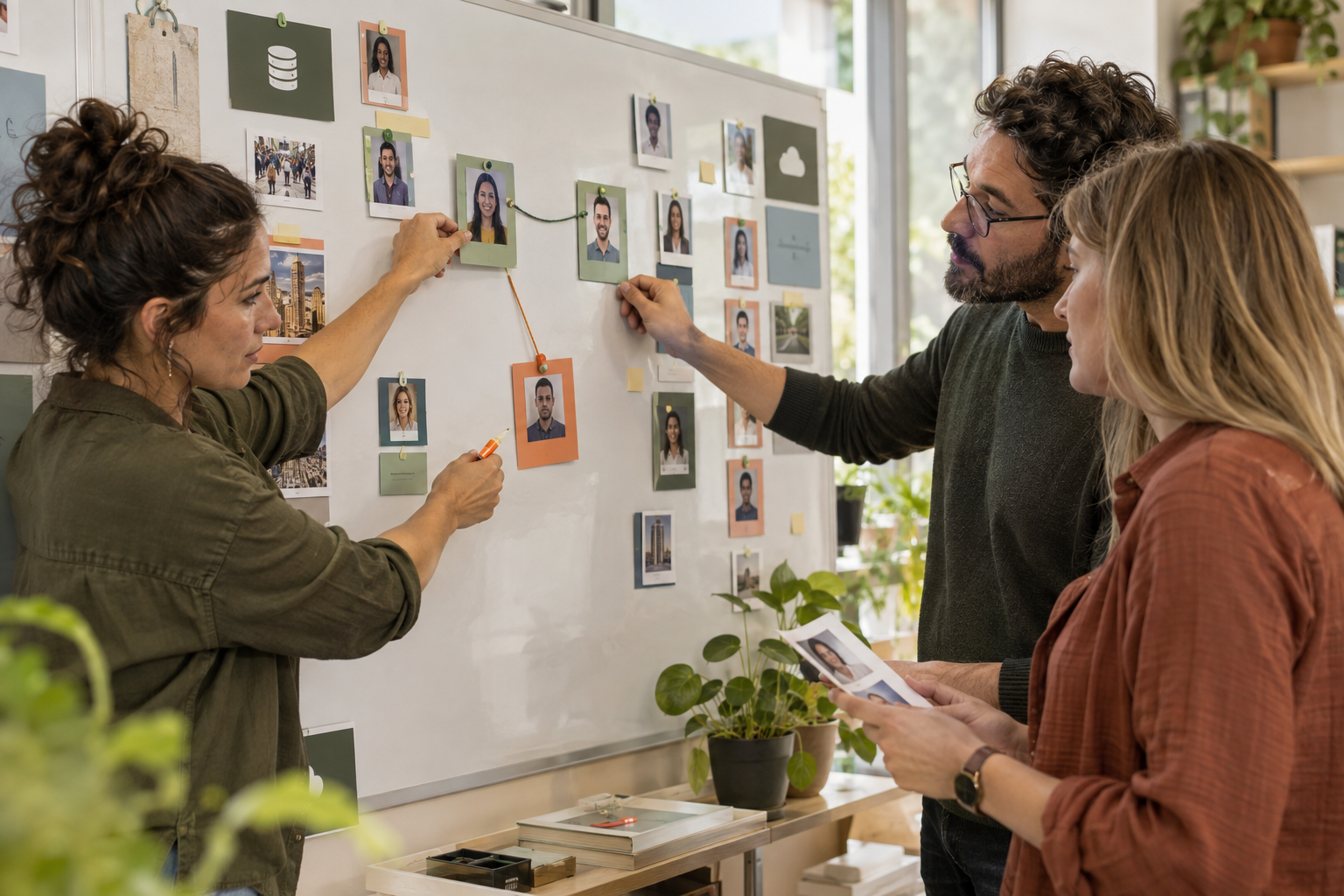 Workshop-Teilnehmende verbinden und trennen Profilkarten an einer Tafel und prüfen dazu Quellenblätter.