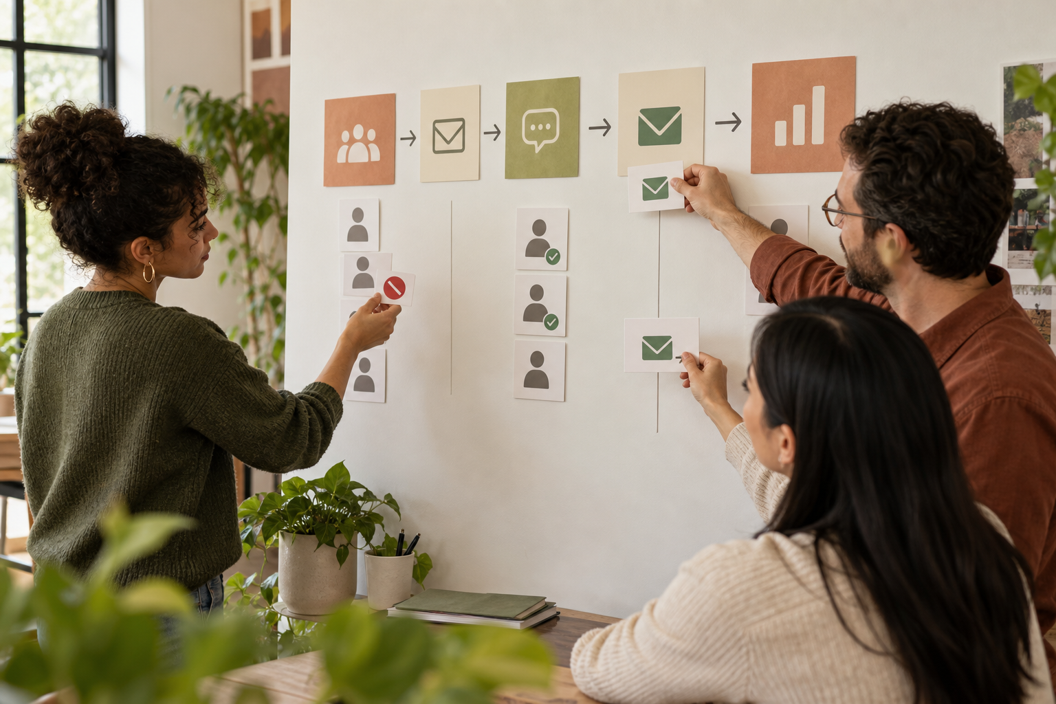 Marketing colleagues mark excluded audience cards and arrange permitted message touchpoints on a whiteboard.