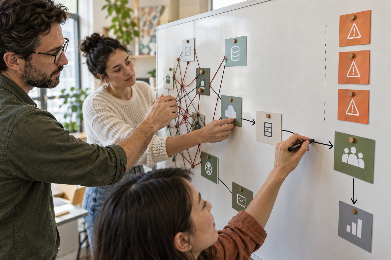 Ein Team bespricht an einem Whiteboard Aufgaben und Übergaben für einen gemeinsamen Ablauf.