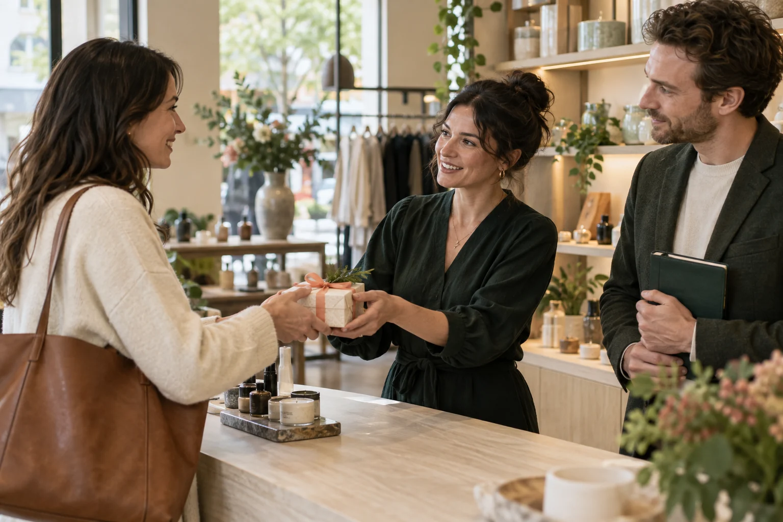 Illustrative scene of a customer receiving a program benefit in a store.