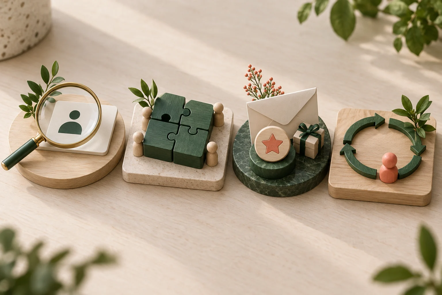 Four illustrative stages with a magnifying glass, building blocks, a message and a feedback loop.