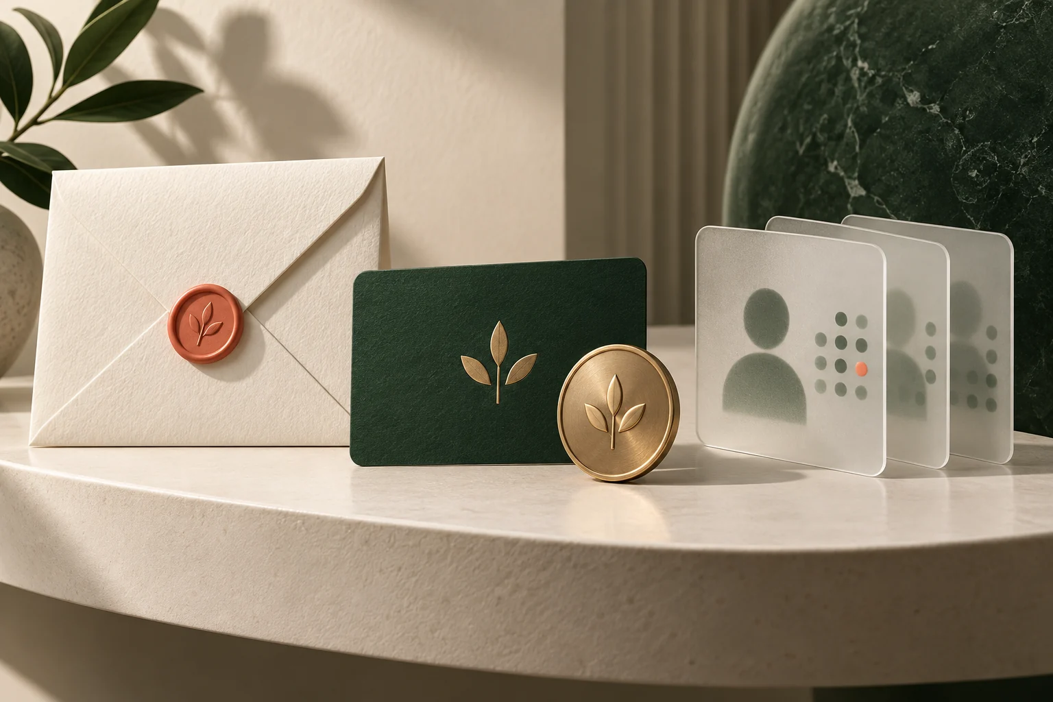 An envelope, a membership card with a reward, and profile cards representing related services.