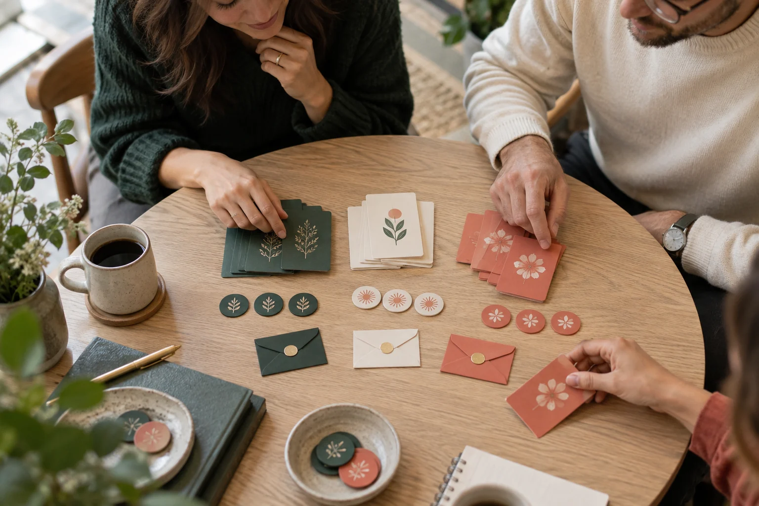 Illustrative planning scene with membership cards, envelopes and reward tokens.