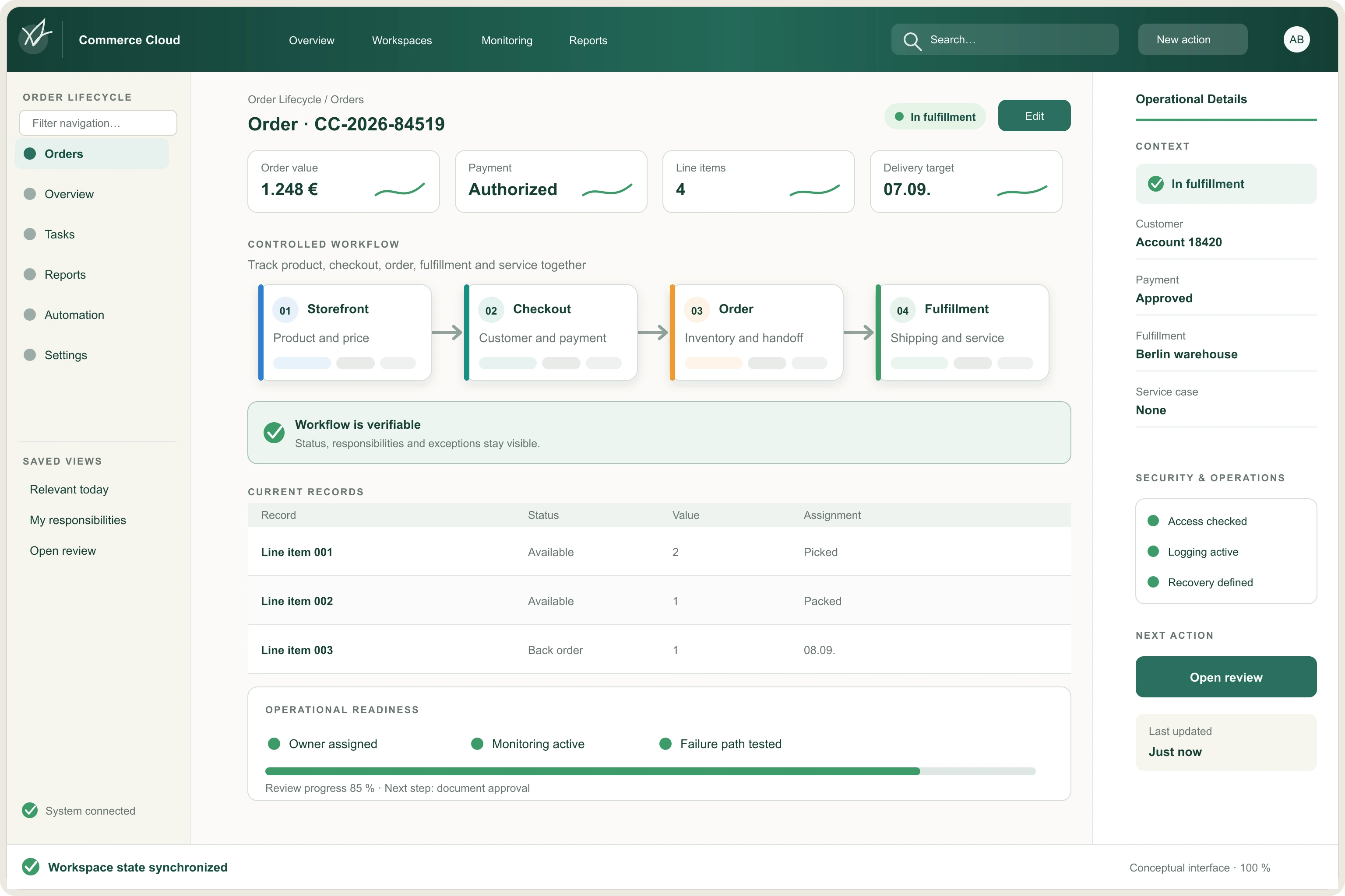 Commerce operations view with order status, payment, fulfillment and customer-service information.