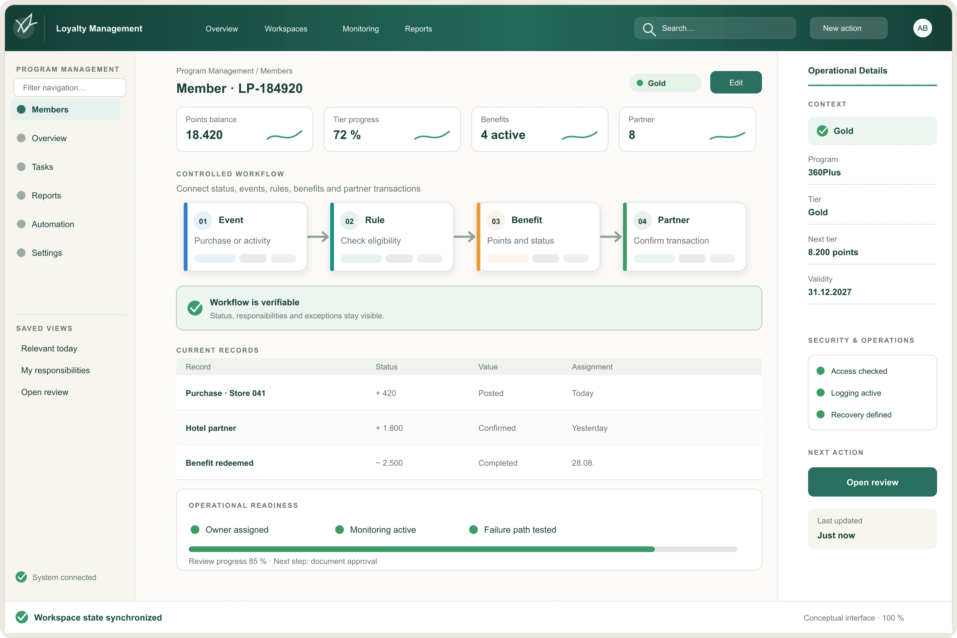 Loyalty program operating view with member status, earning, benefits, rules and program controls.