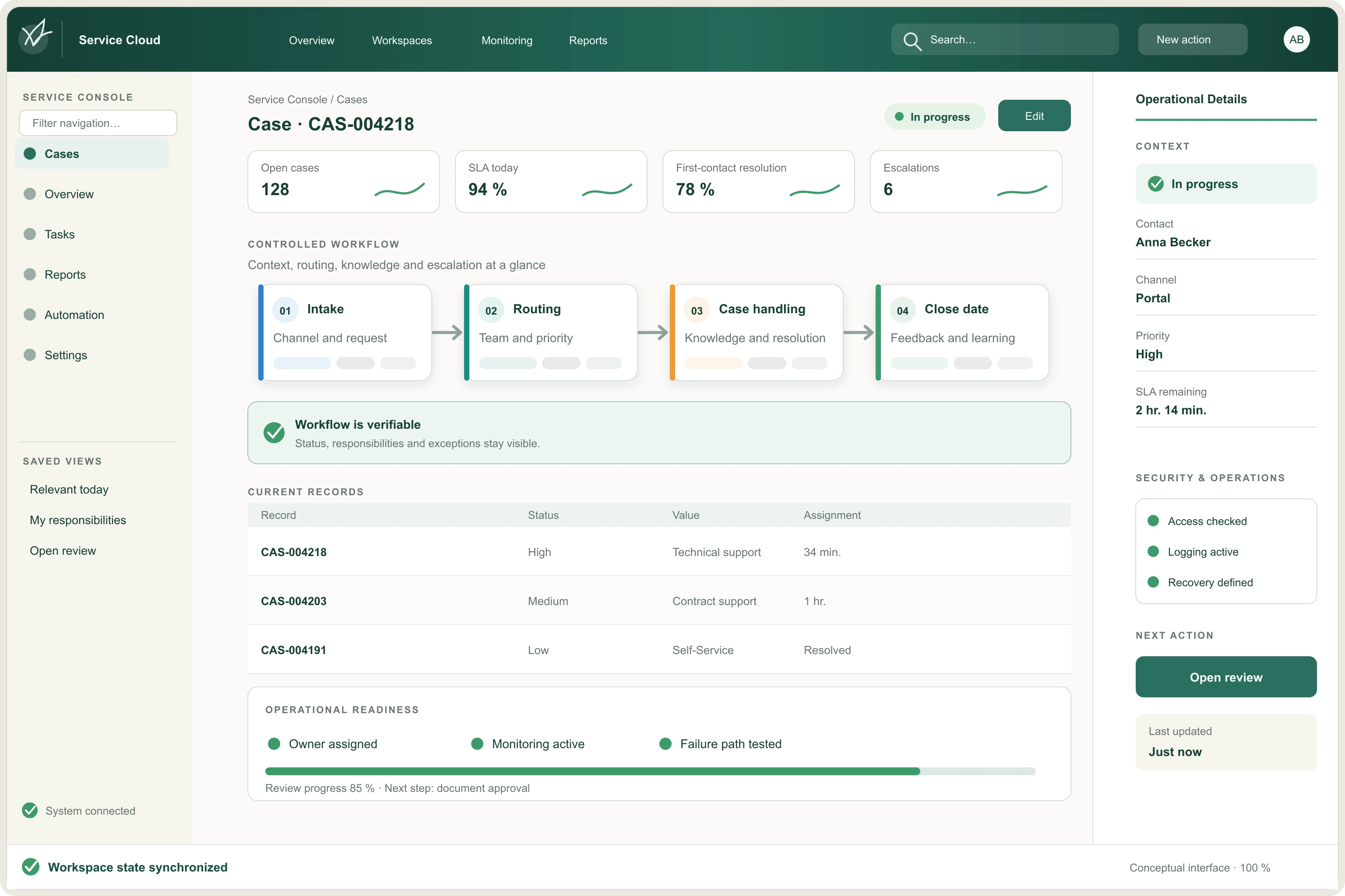 Service Cloud operating view with cases, ownership, status, customer context and service metrics.