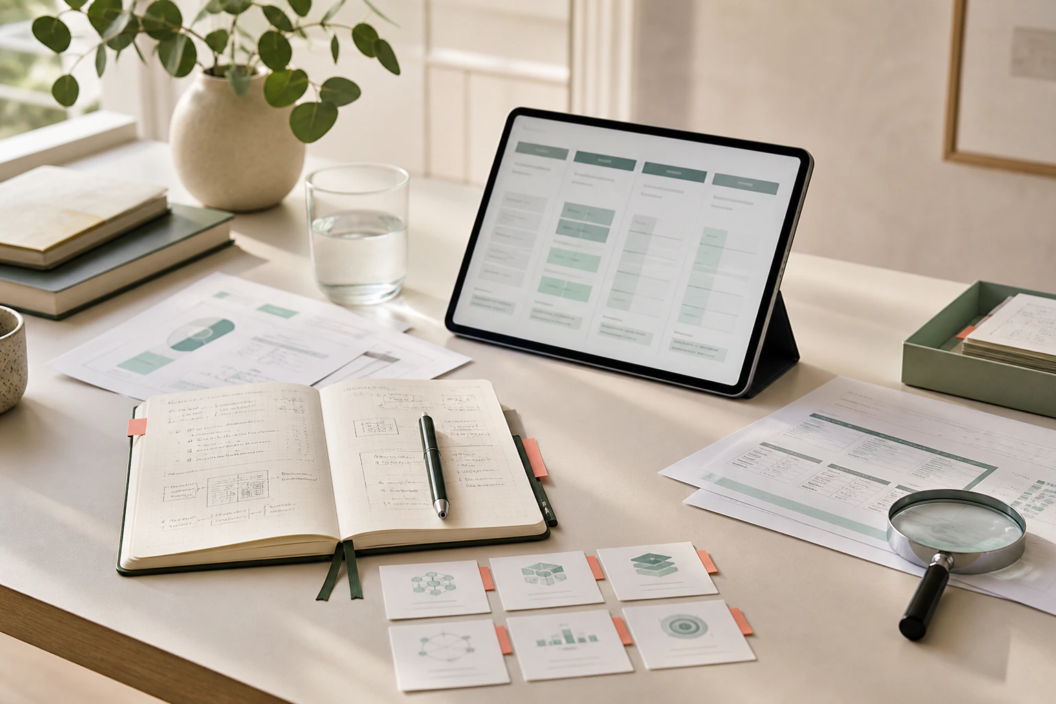 Arbeitsplatz mit Einordnungsnotizen, Themenkarten und einer strukturierten Rechercheansicht