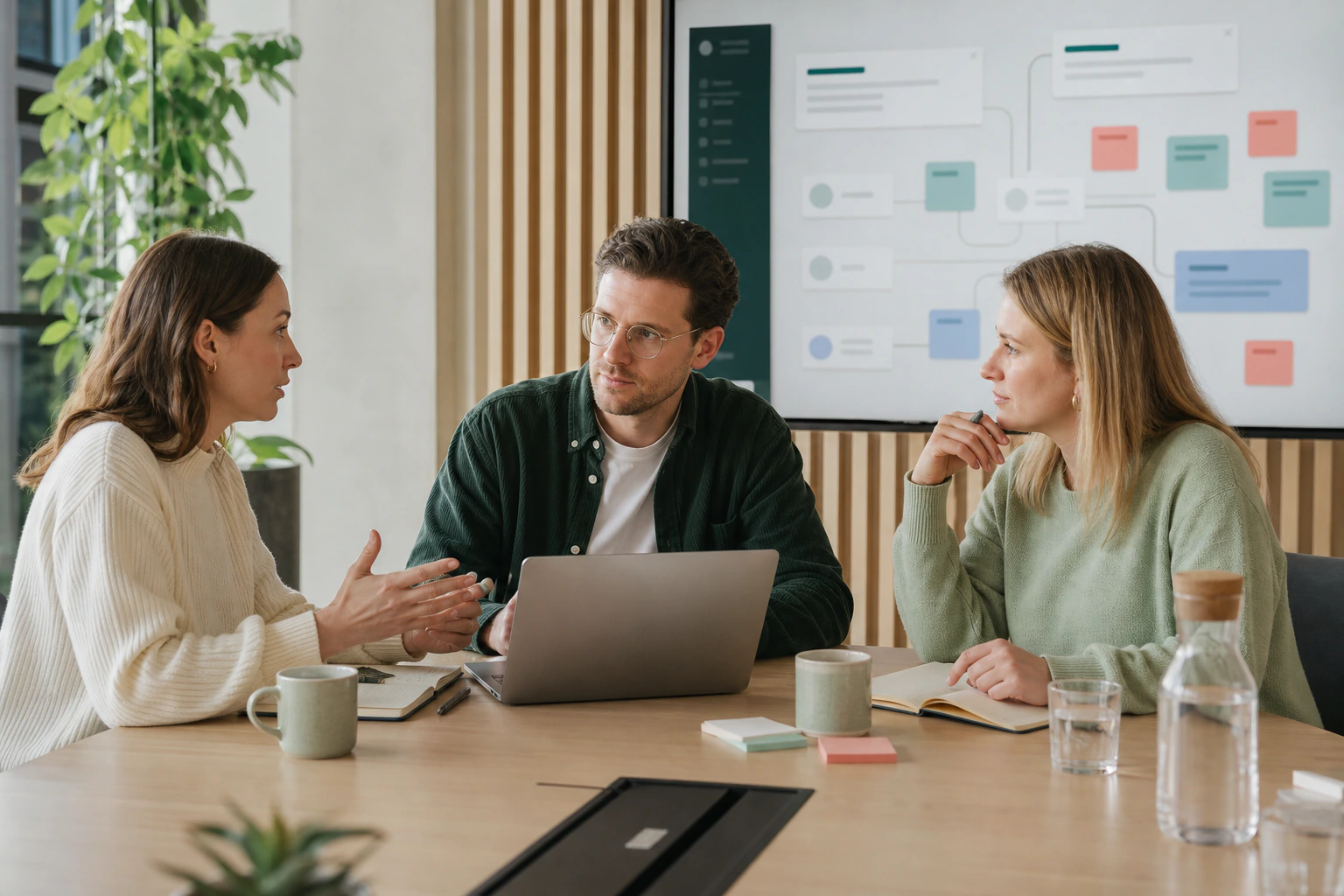Three people discussing a Salesforce project and possible next steps around a laptop.