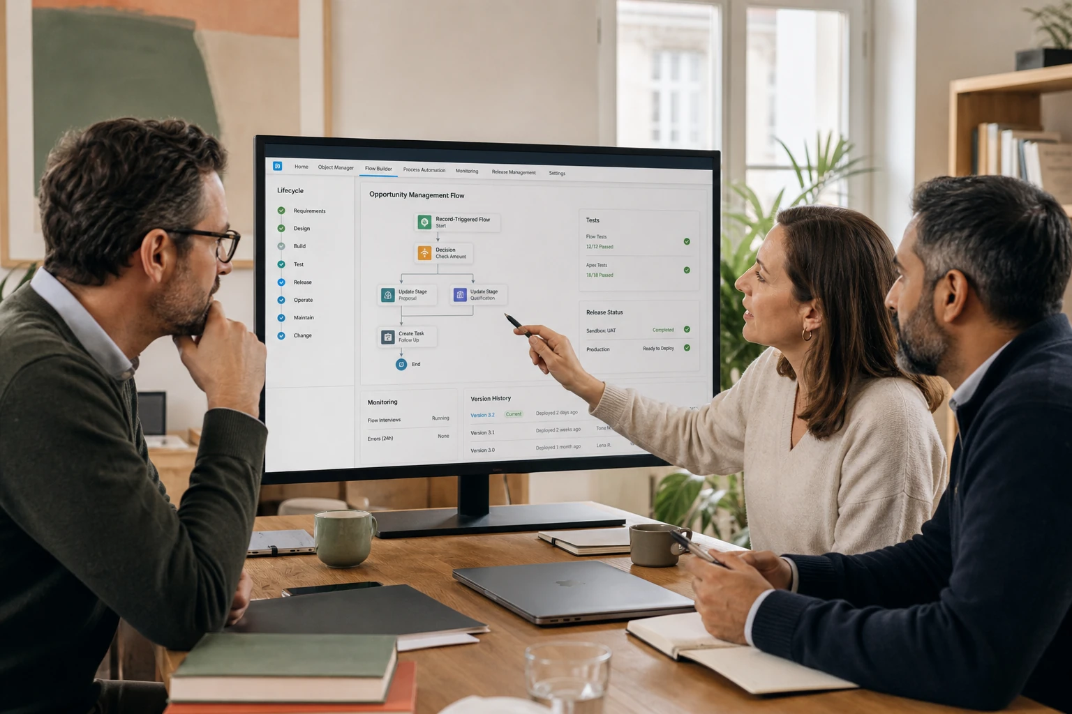 Three people review a system overview on a screen.
