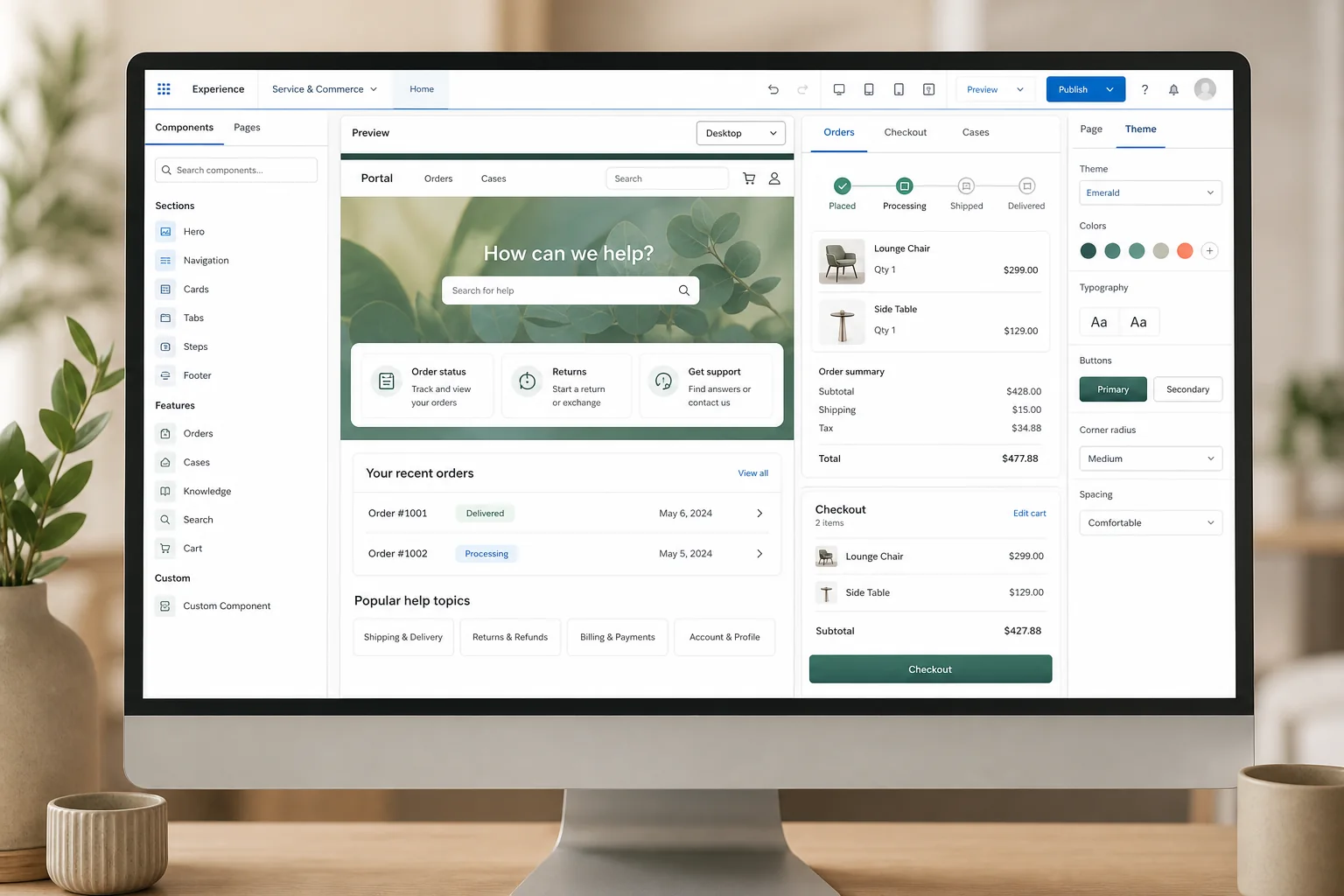 A commerce interface with related product, order and system information.
