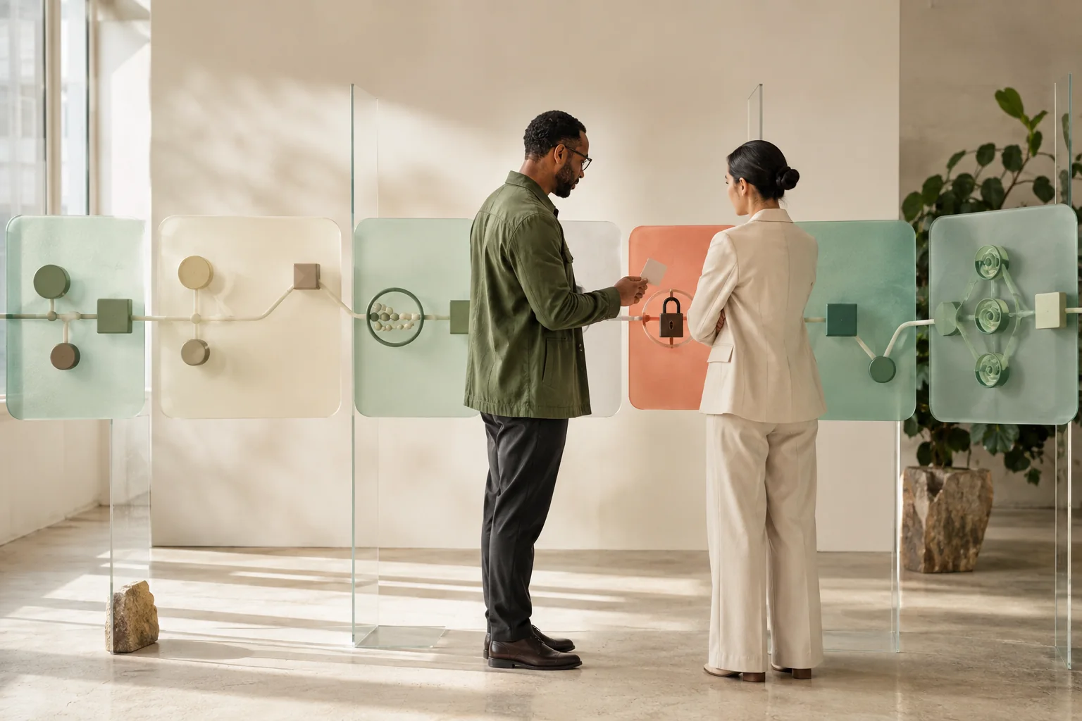 People moving through stages of a controlled AI workflow from task and context to action and handoff.