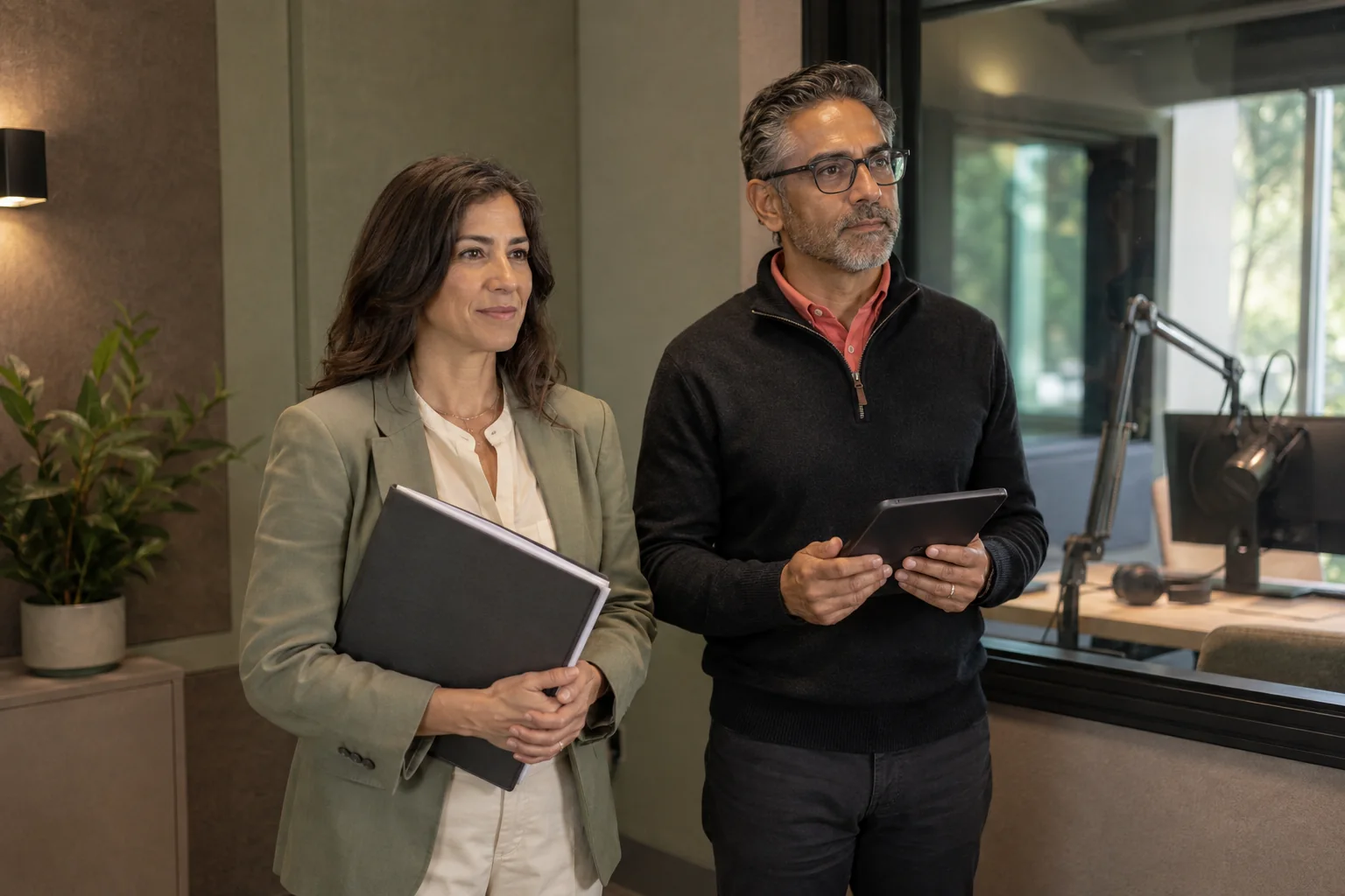 Two people discussing AI use-case decisions, responsibilities and production readiness.