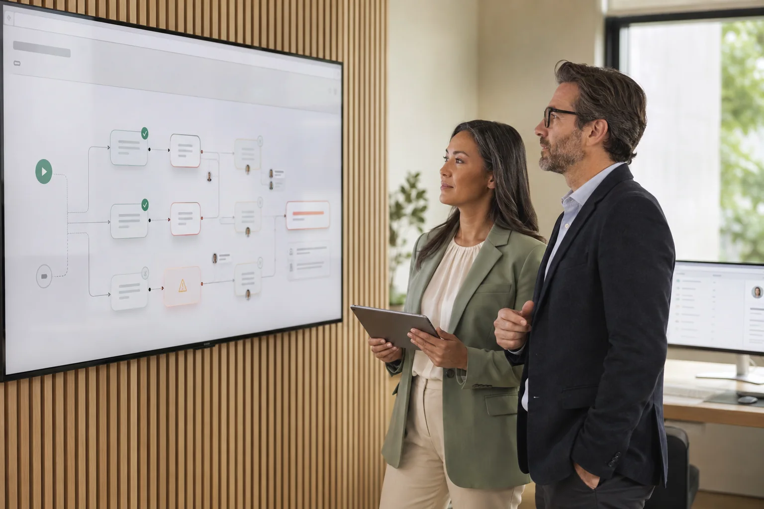 Two people reviewing an AI-supported Salesforce process on a large screen.