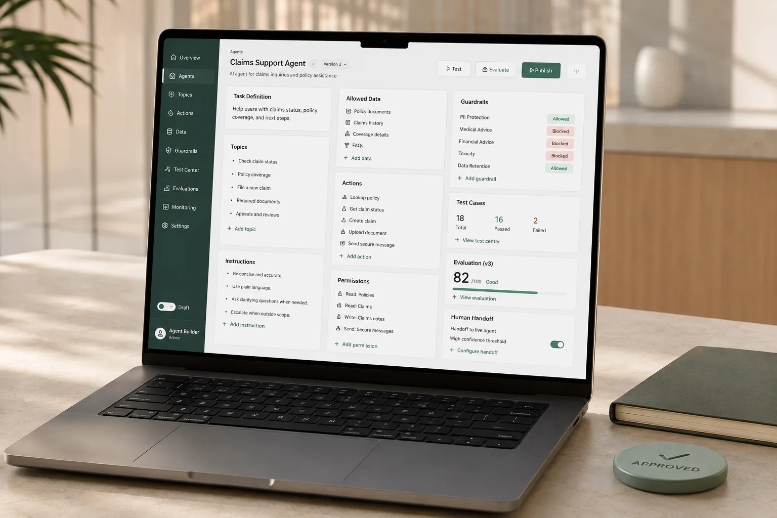Laptop showing an AI use-case overview with task, status, evaluation and operating controls.