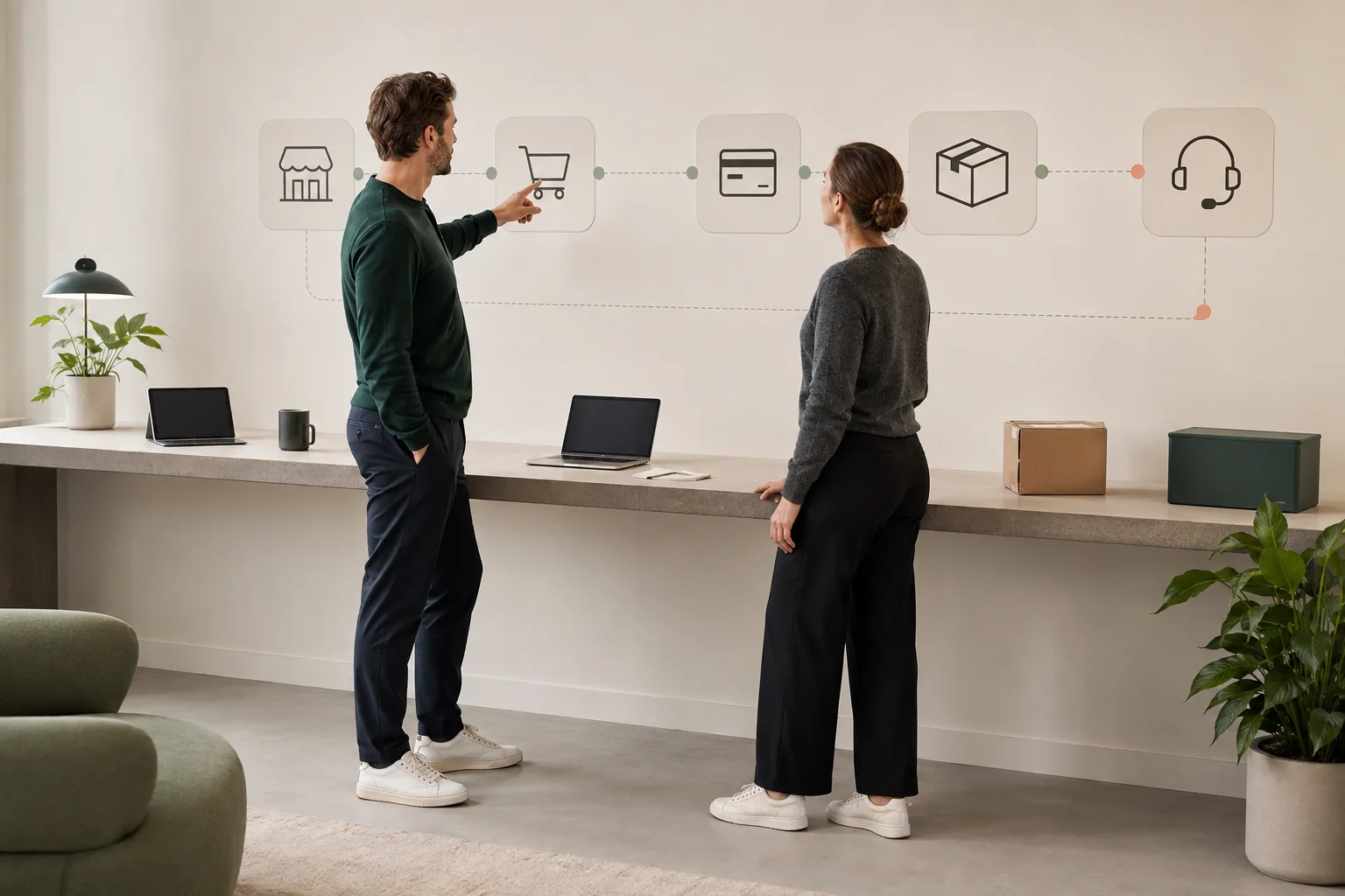 People moving through stages of a commerce journey from product selection to order and service.