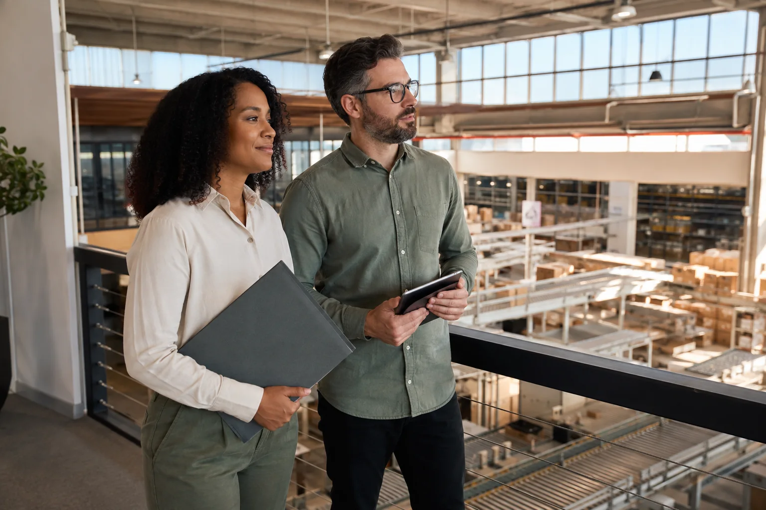 Two people discussing commerce operations, order handling and service responsibilities.