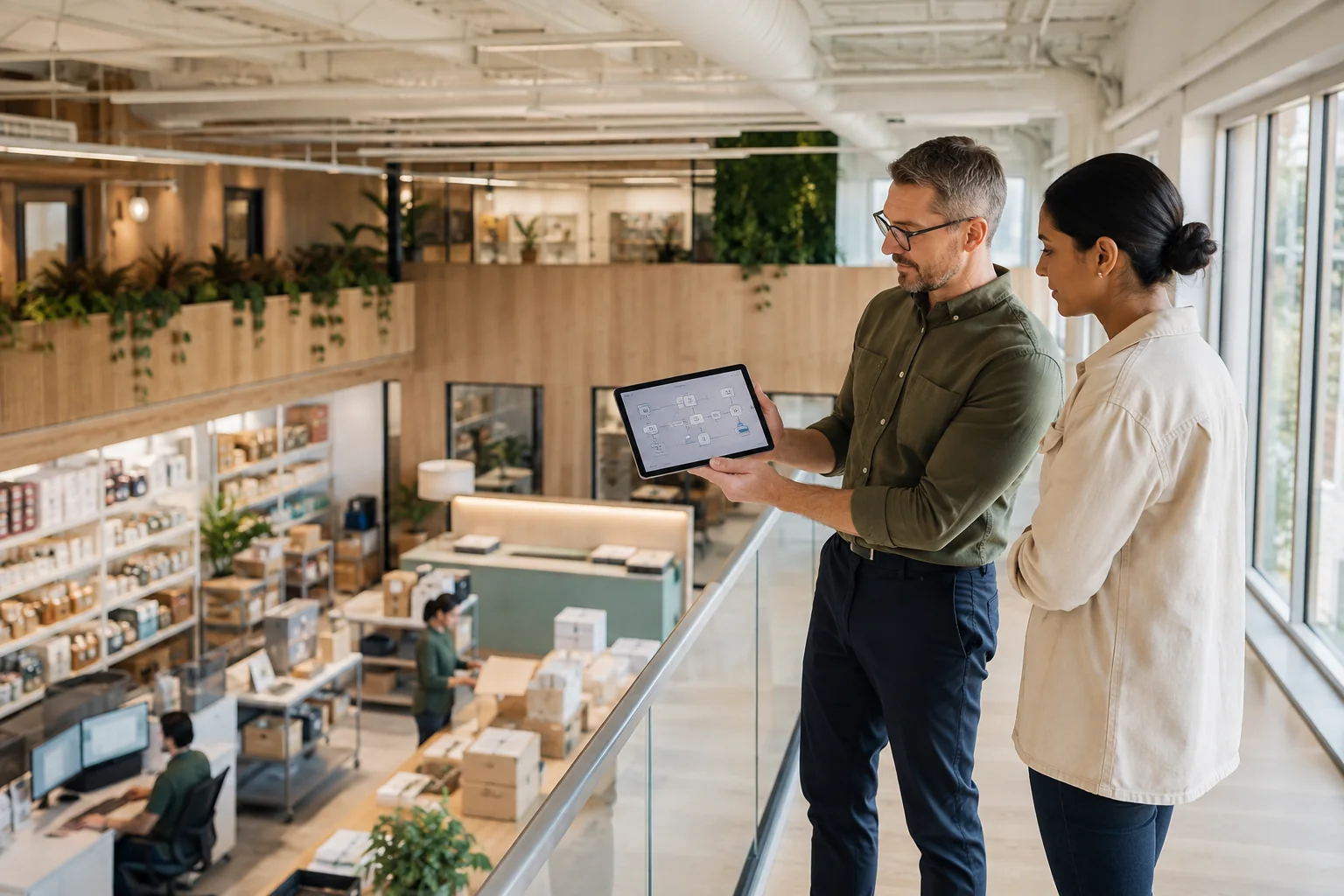 People reviewing a digital commerce journey and order process together.
