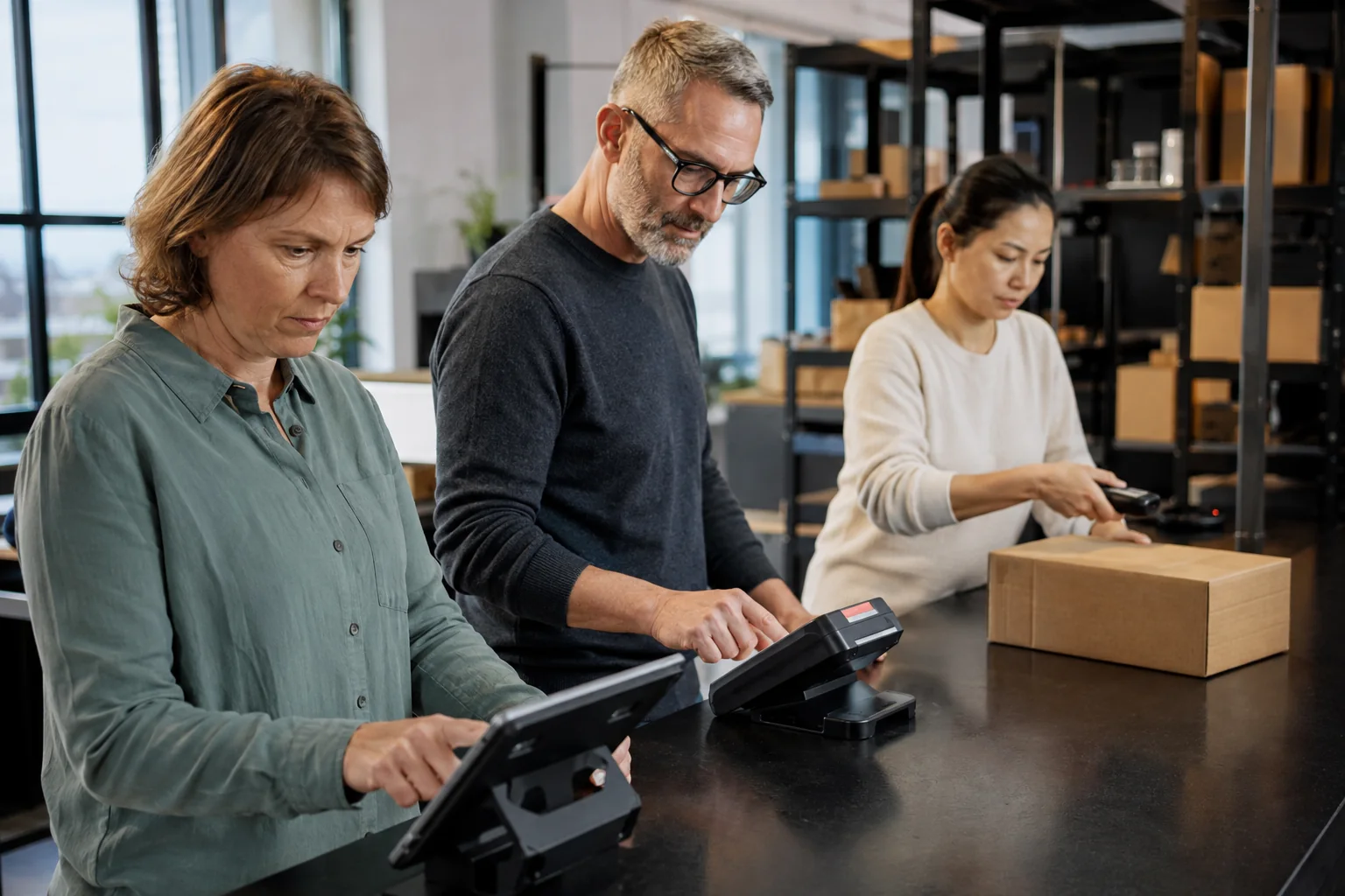 Three people reviewing a commerce process, product data and order handoffs together.