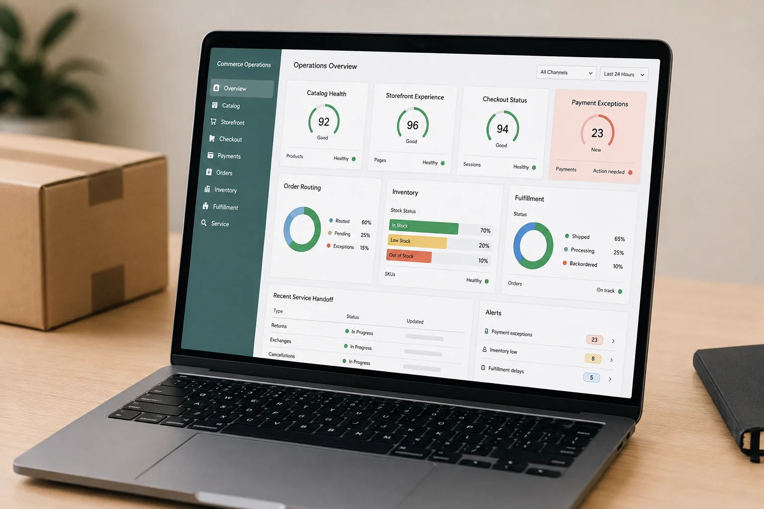 Laptop showing a commerce order overview with product, payment, fulfillment and service information.