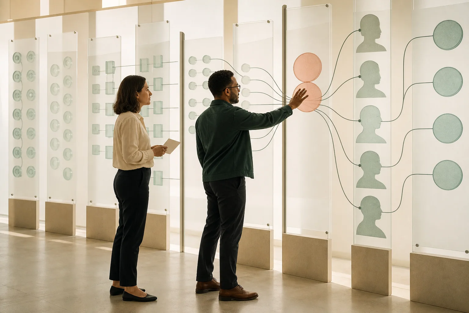People moving through customer-data stages from source systems to identity and activation.