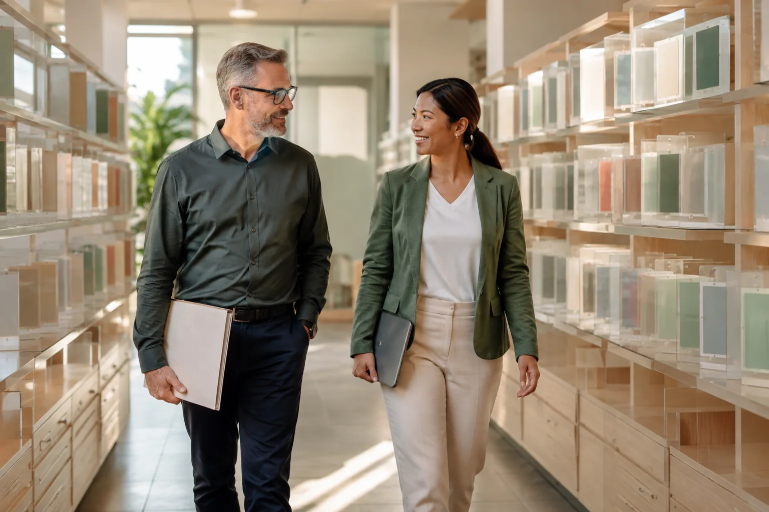 Two people discussing customer-data design, identity and activation responsibilities.