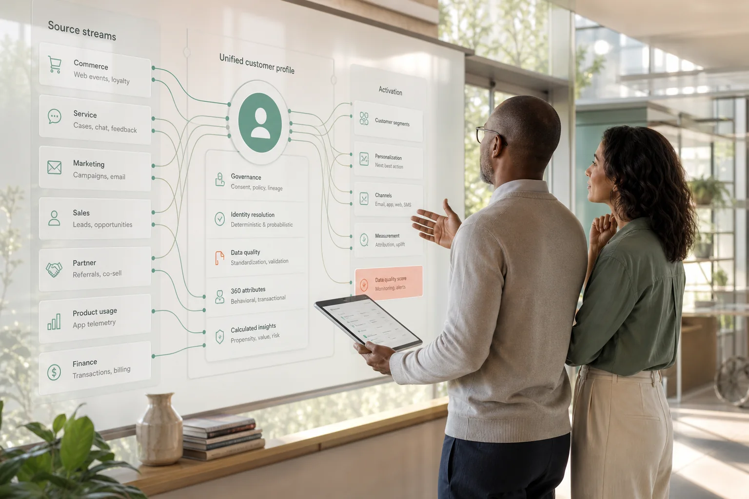 Two people reviewing customer profiles and Data 360 information on a large screen.