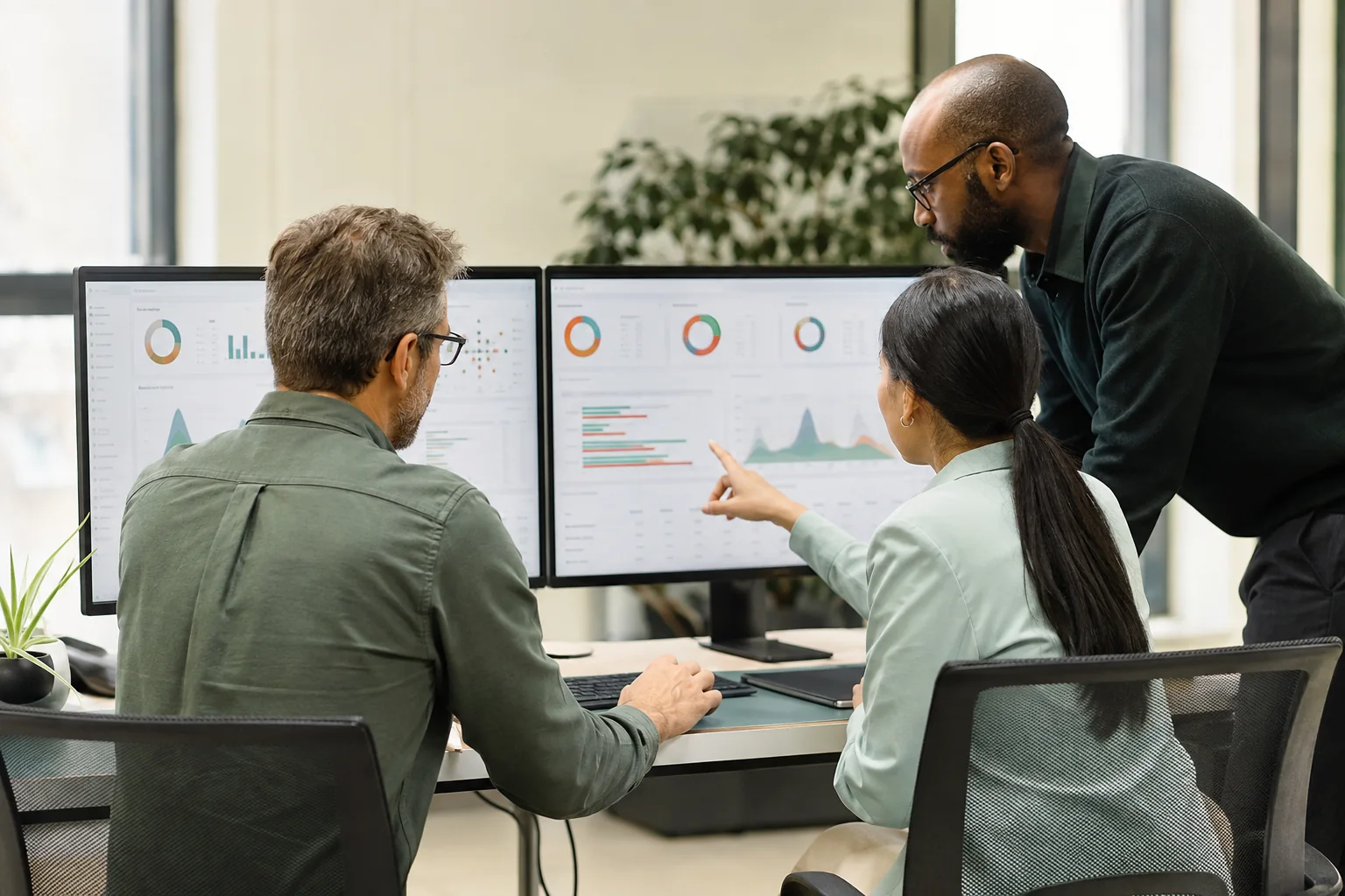 Three people reviewing customer-data sources, identity rules and activation requirements together.