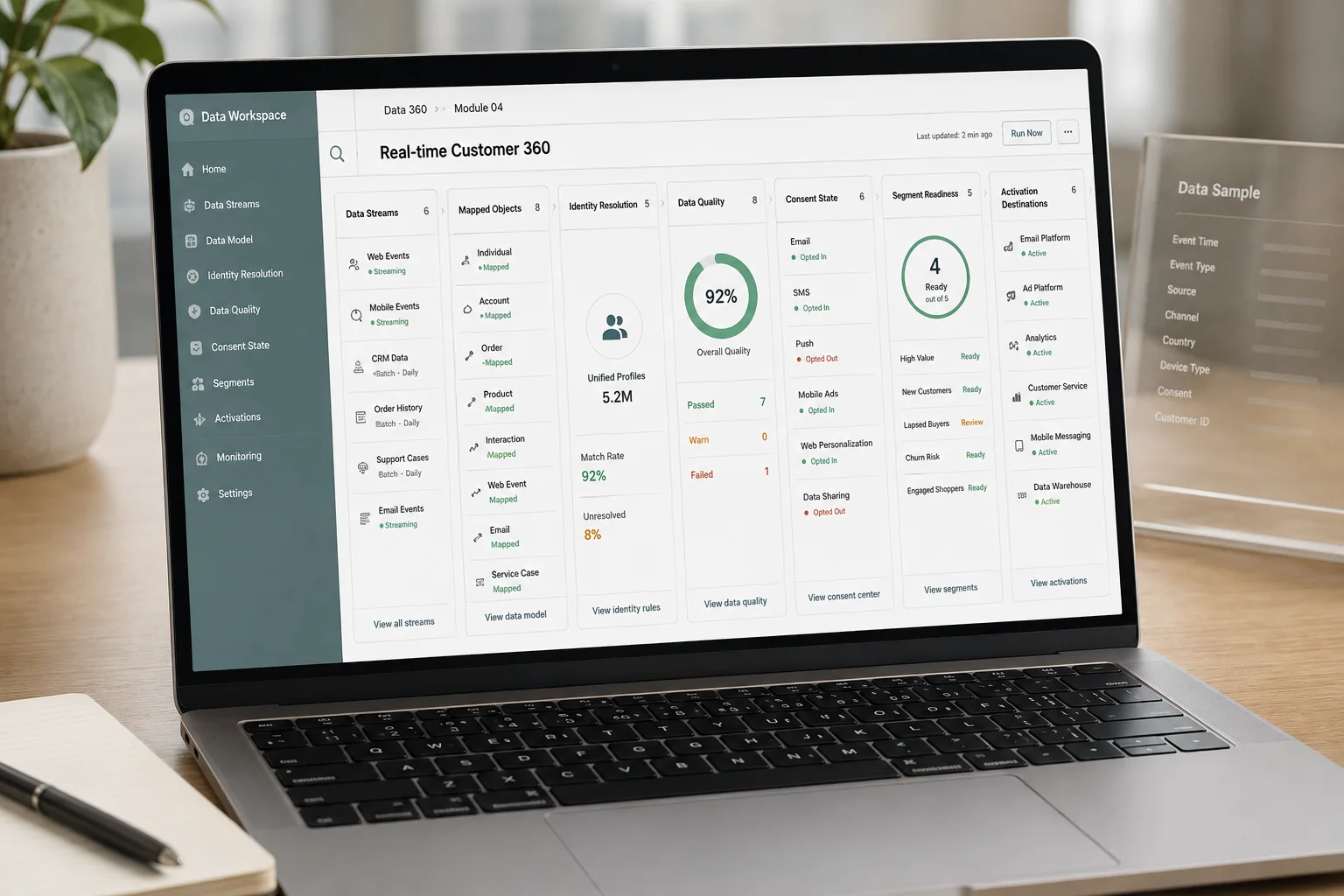 Laptop showing a Data 360 customer profile, segments and activation overview.