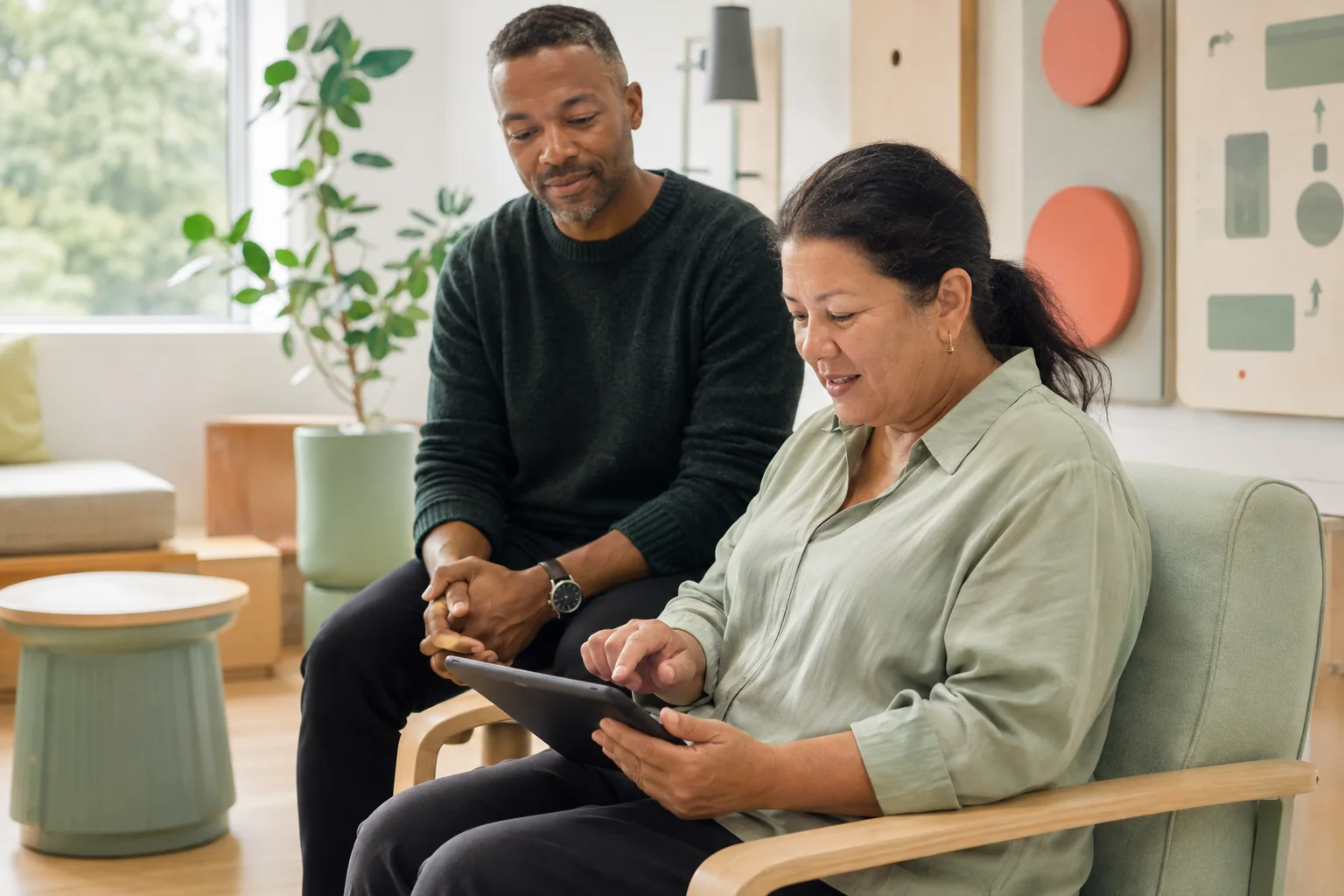 Two people using a customer self-service portal together on a laptop.