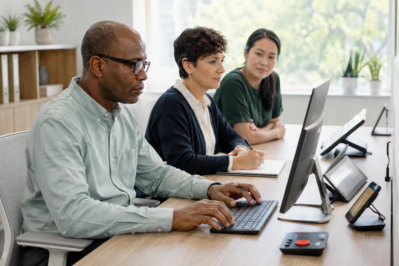 A group reviewing portal tasks, user roles and service handoffs together.