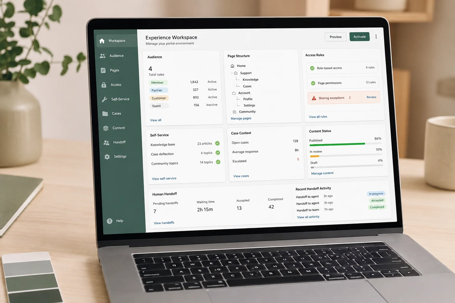 Laptop showing a customer self-service portal with account information, tasks and service status.