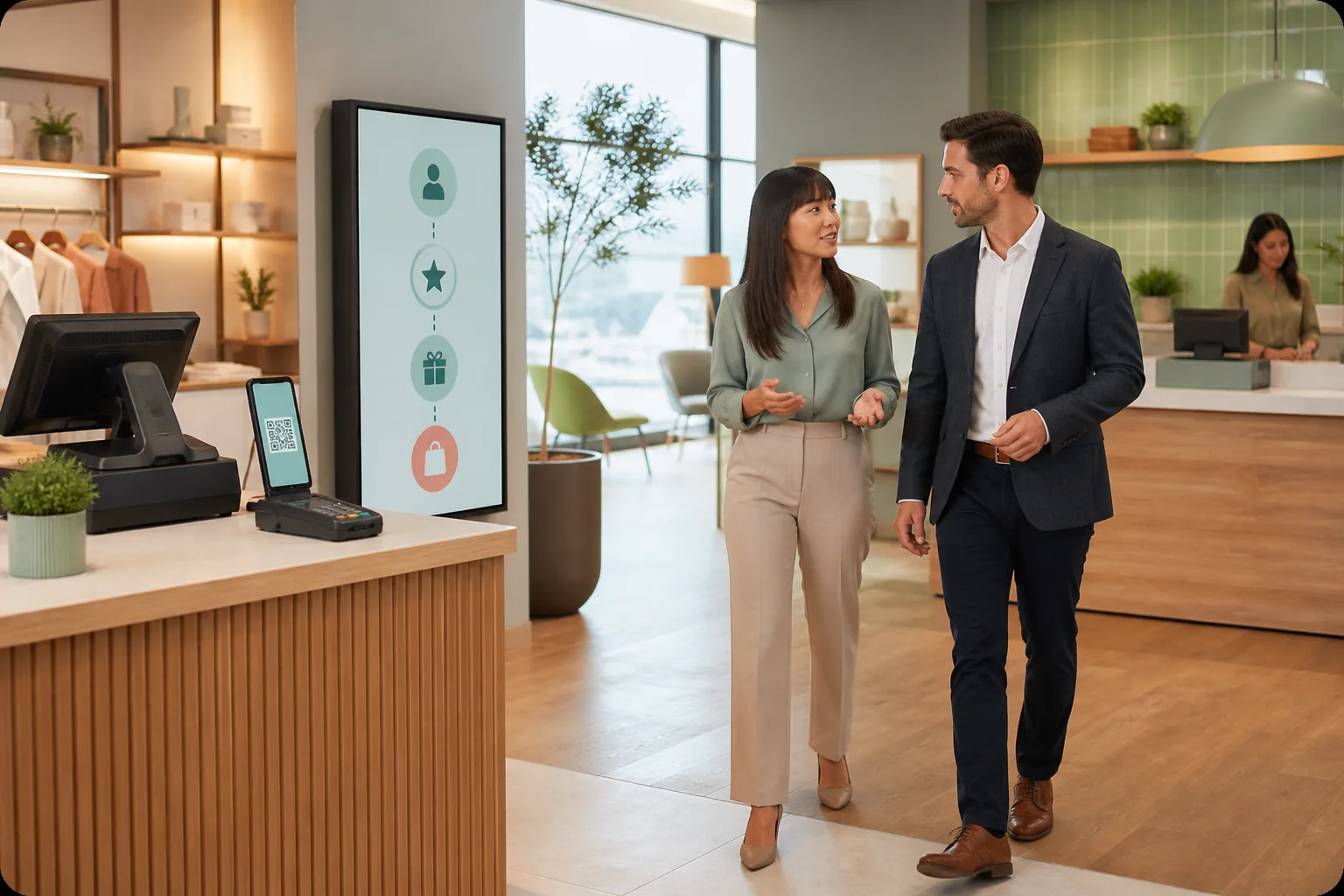 Zwei Personen besprechen gemeinsam ein digitales Loyalty-Angebot in einem Geschäft.