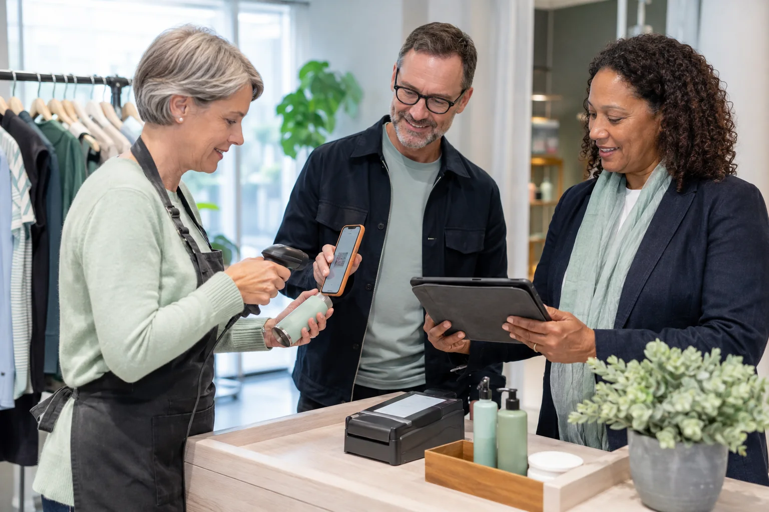 Drei Personen besprechen gemeinsam ein Loyalty-Programm und digitale Kundeninformationen in einem Geschäft.