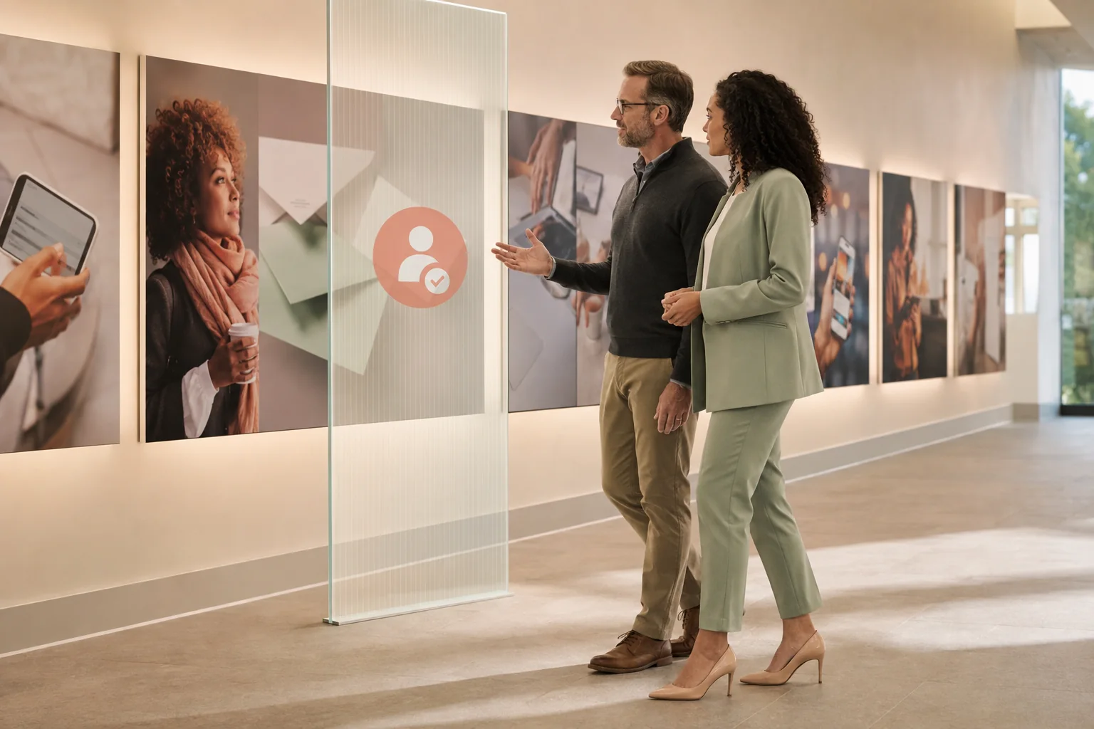 People moving through several stages of a marketing journey and campaign process.