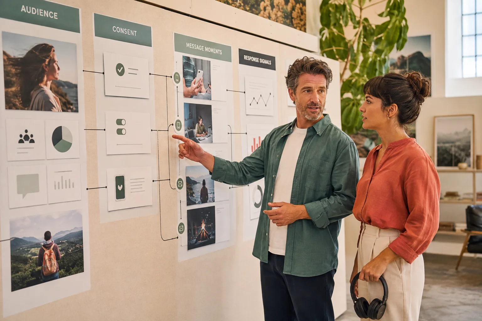 Two people reviewing marketing journeys, audiences and campaign logic together.