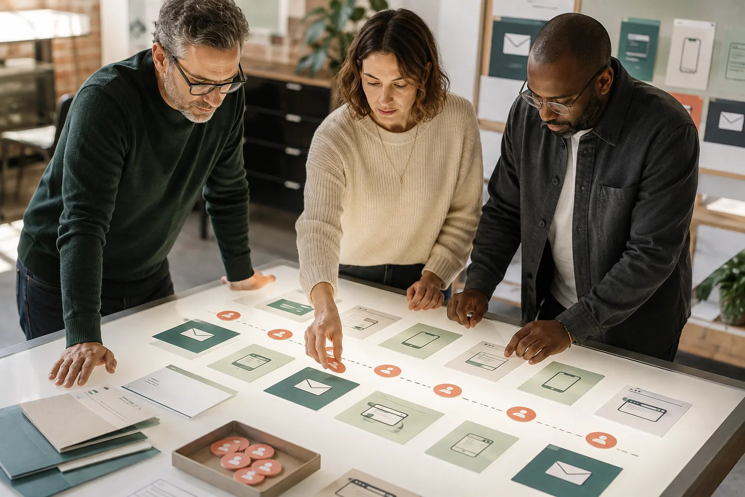 Three people reviewing campaign audiences, journey steps and marketing rules together.