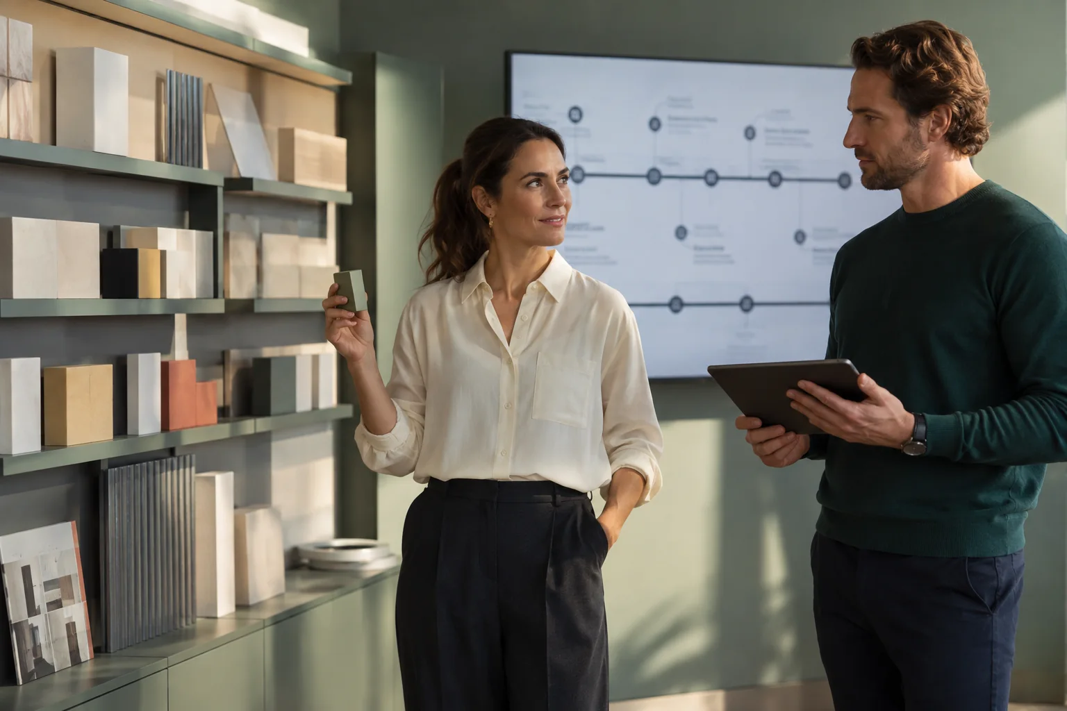 Two people discussing quoting, product and pricing decisions in a business setting.