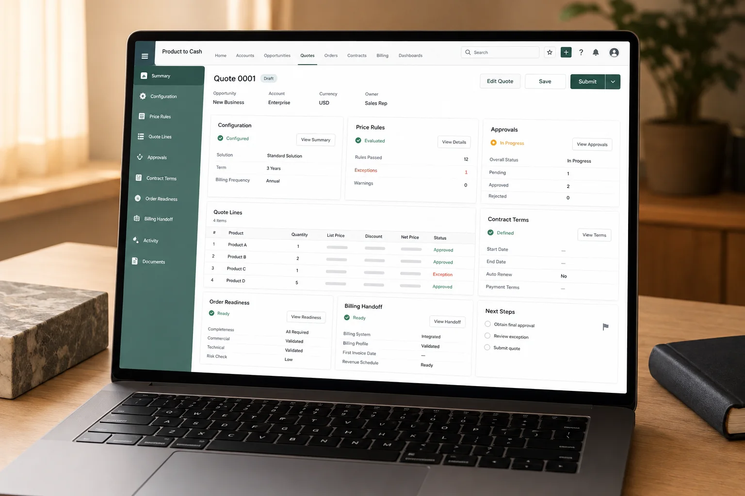 Laptop showing a quote-to-cash overview with products, pricing, approvals and downstream status.