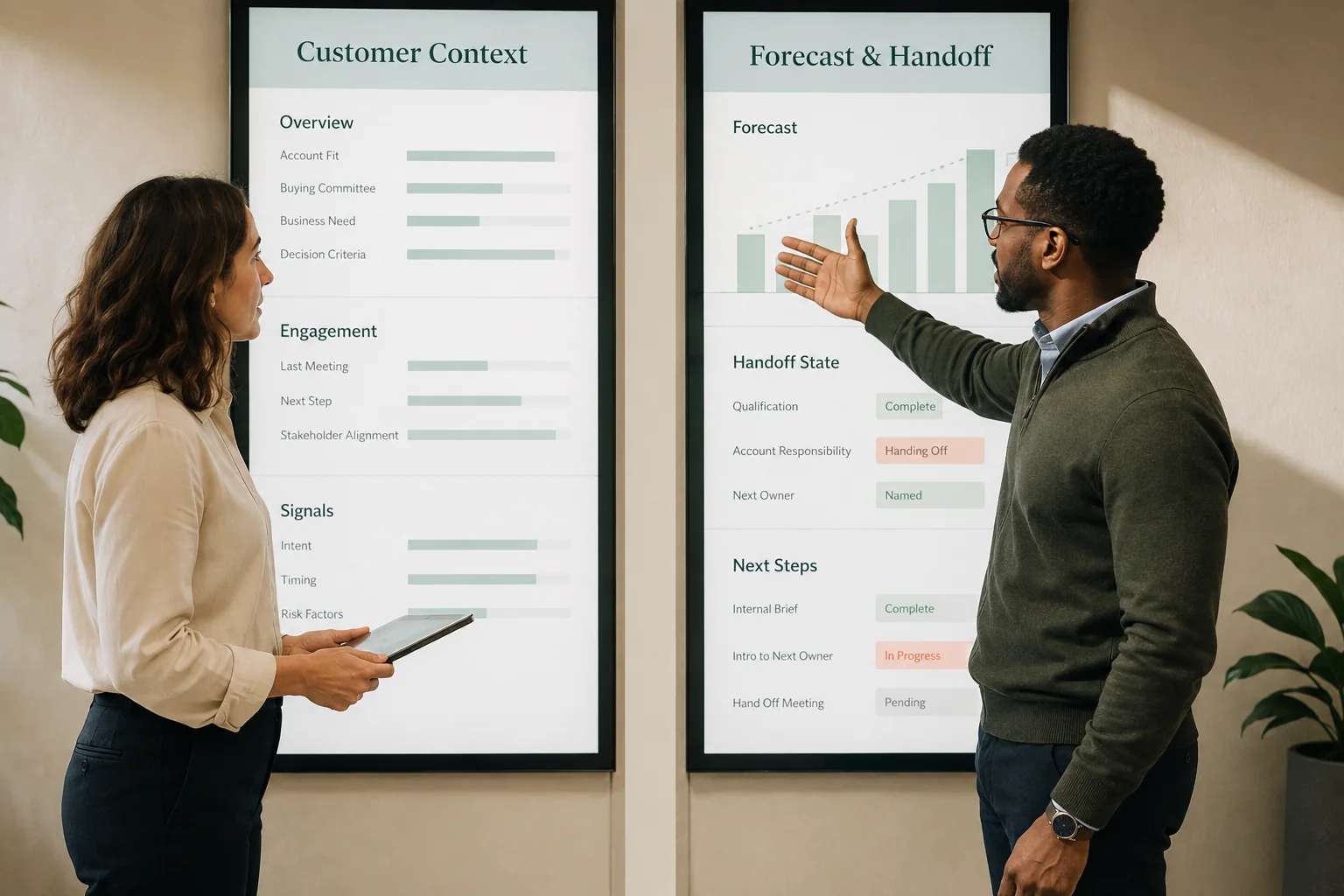 Two people reviewing sales stages and opportunity progression on digital boards.