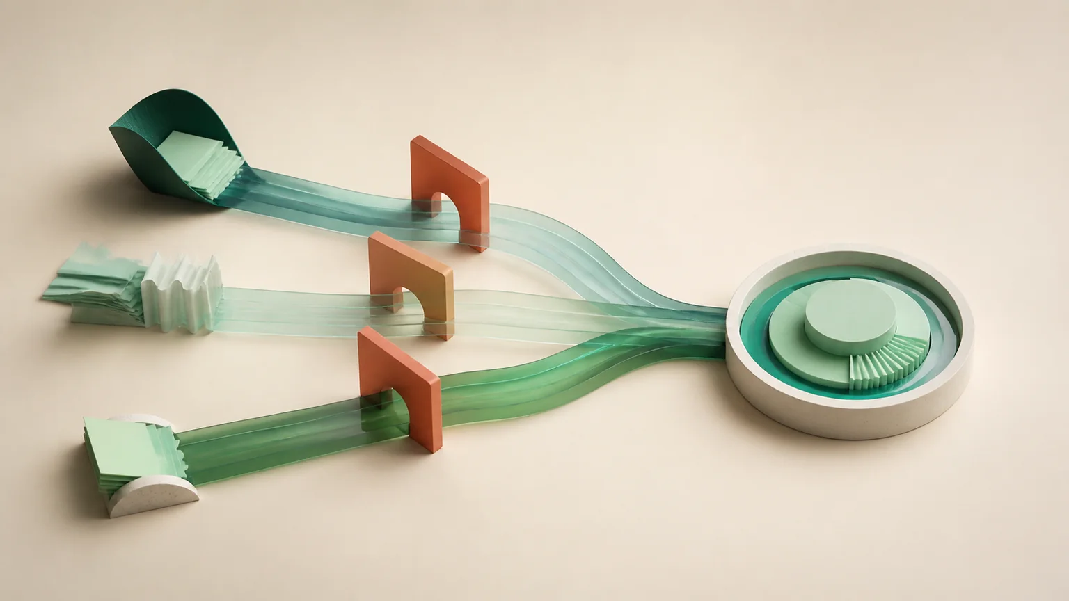 An abstract view of several paths leading to a shared decision.