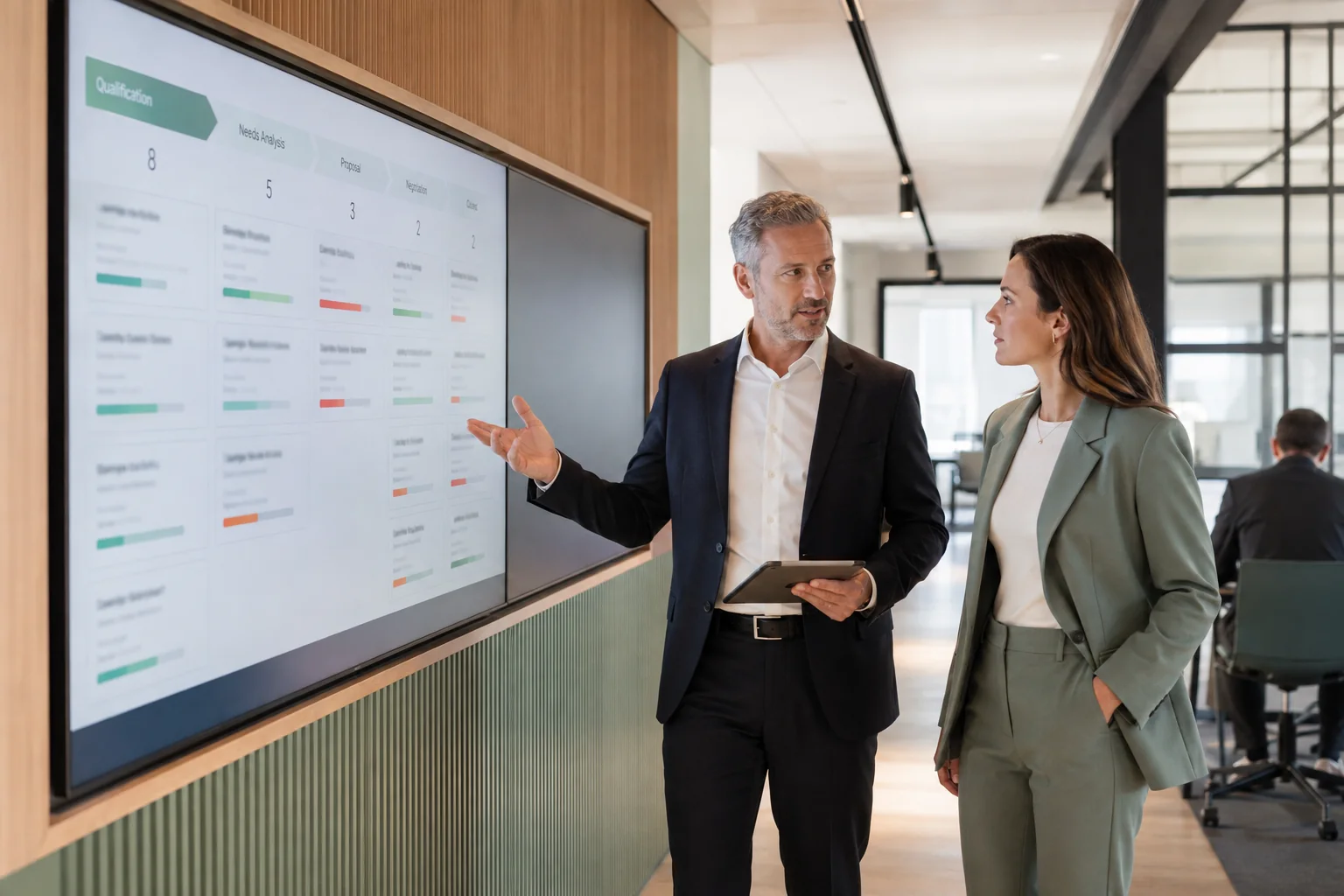 Two people reviewing a sales pipeline and opportunity information on a large screen.