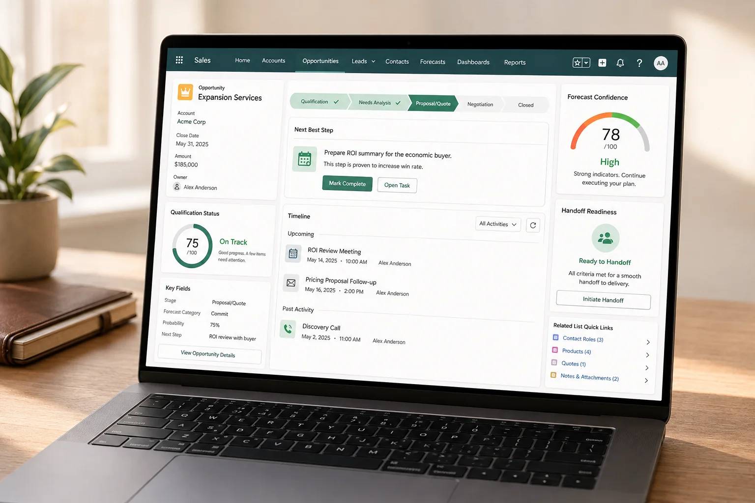 Laptop showing an opportunity with pipeline, activities, sales metrics and next-step information.