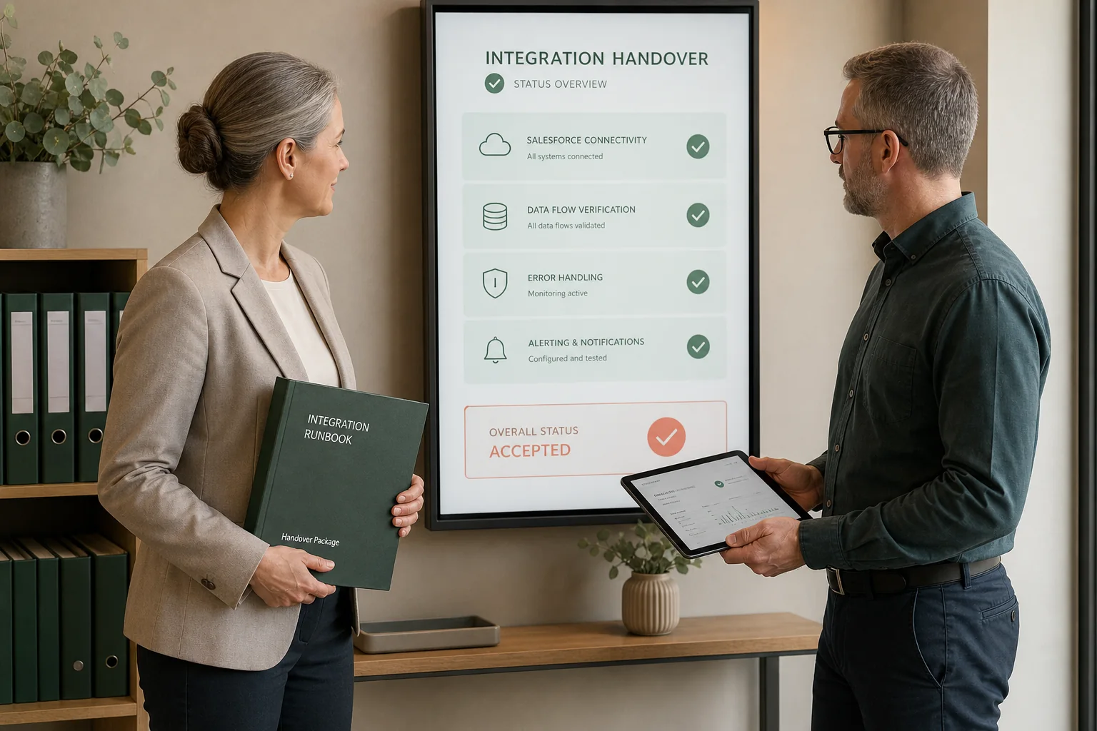 Zwei Personen besprechen eine dokumentierte System- und Integrationsübersicht auf einem großen Bildschirm.