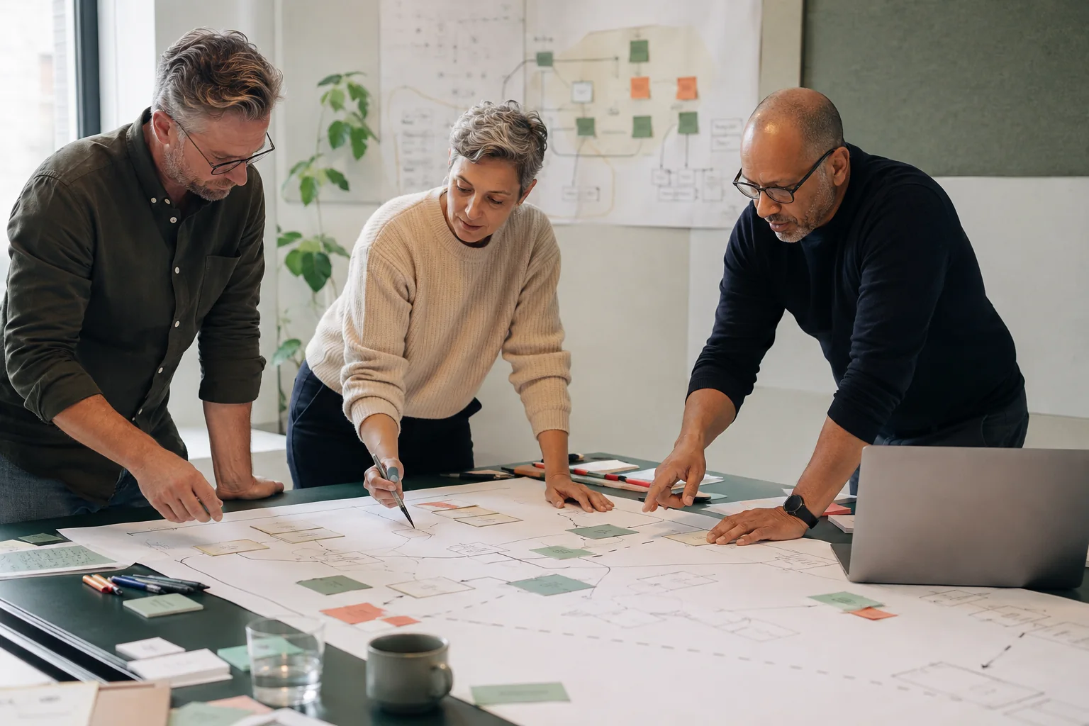 Drei Personen besprechen gemeinsam Systemverbindungen und nächste Schritte an einem Arbeitstisch.