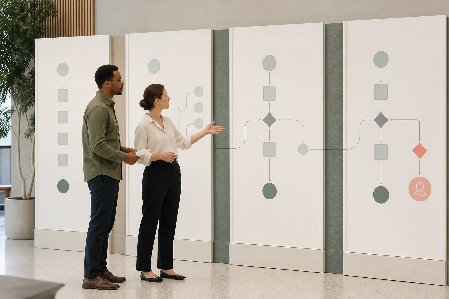 People moving through several stages of a customer-service process and handoff flow.