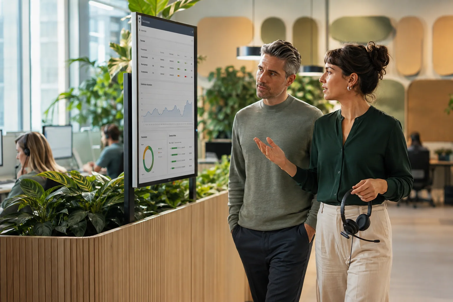 Two people reviewing a customer-service process and case information together.