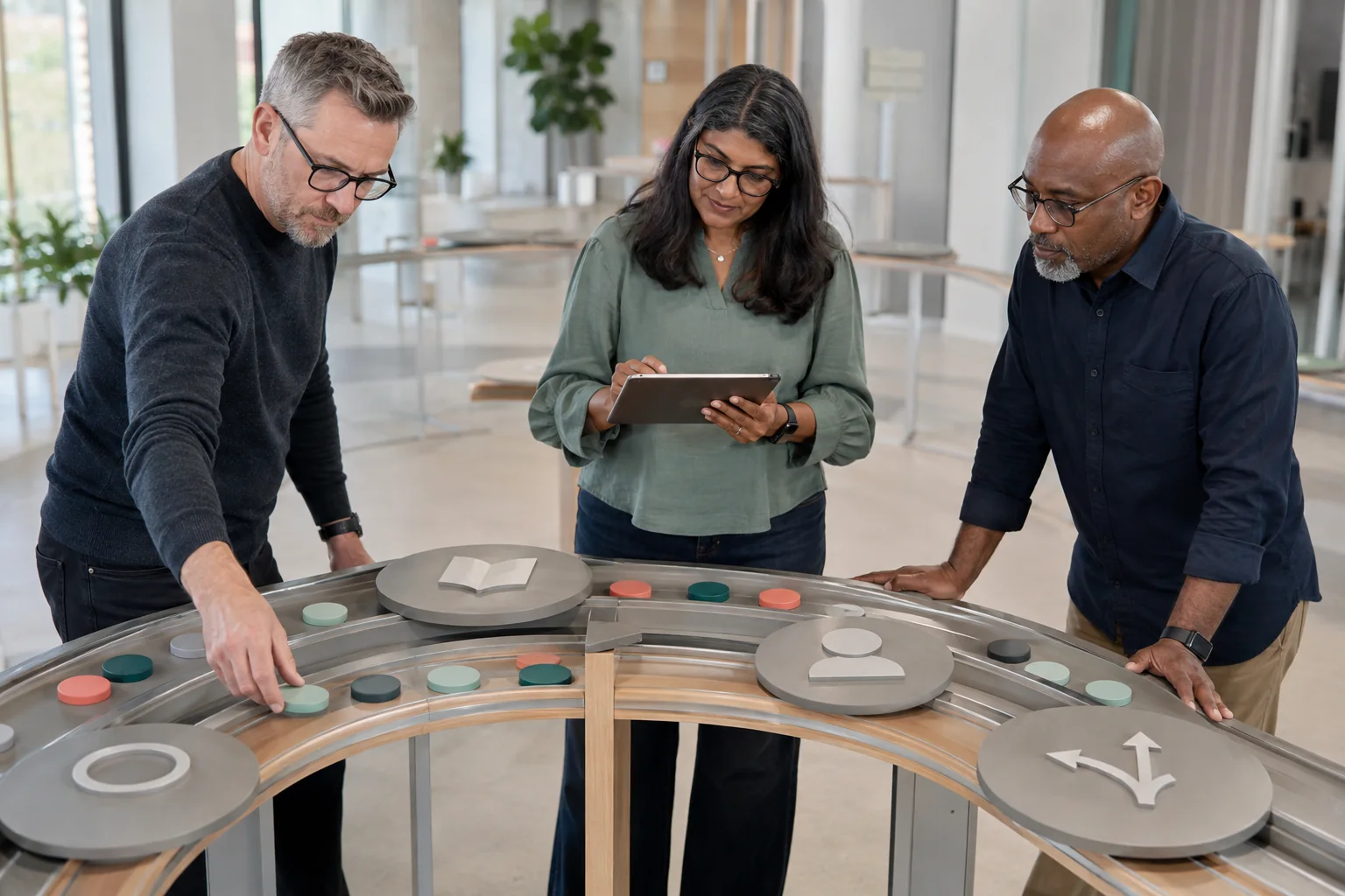 Three people reviewing customer-service cases, ownership and process steps together.