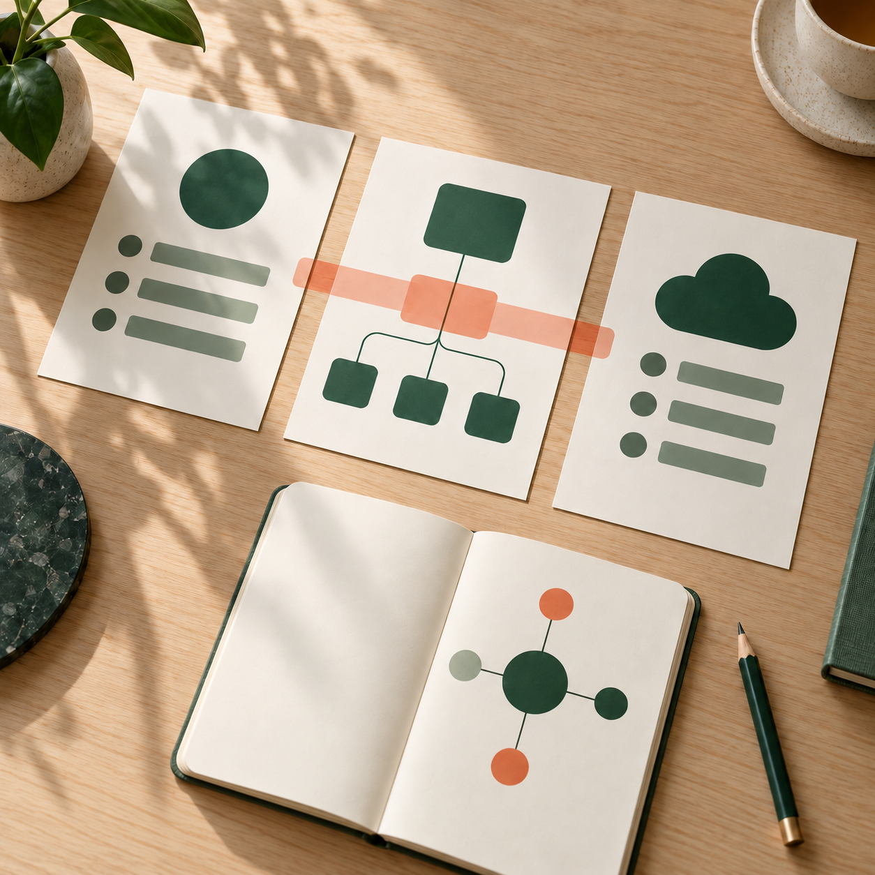 Illustrative Karten und Skizzen für Daten und Architektur auf einem Tisch.